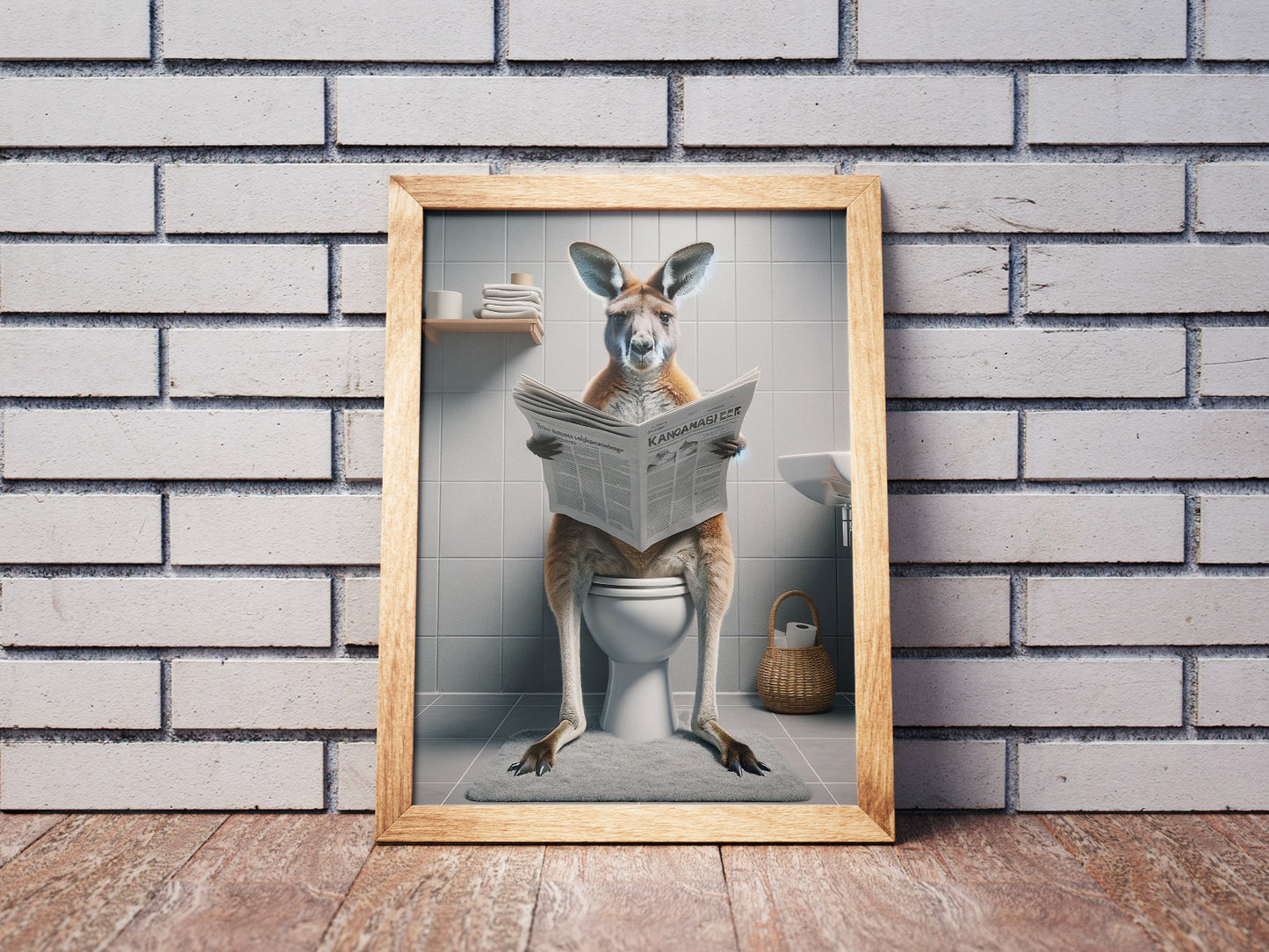 Kangaroo newspaper toilet poster in a natural wood frame against white bricks