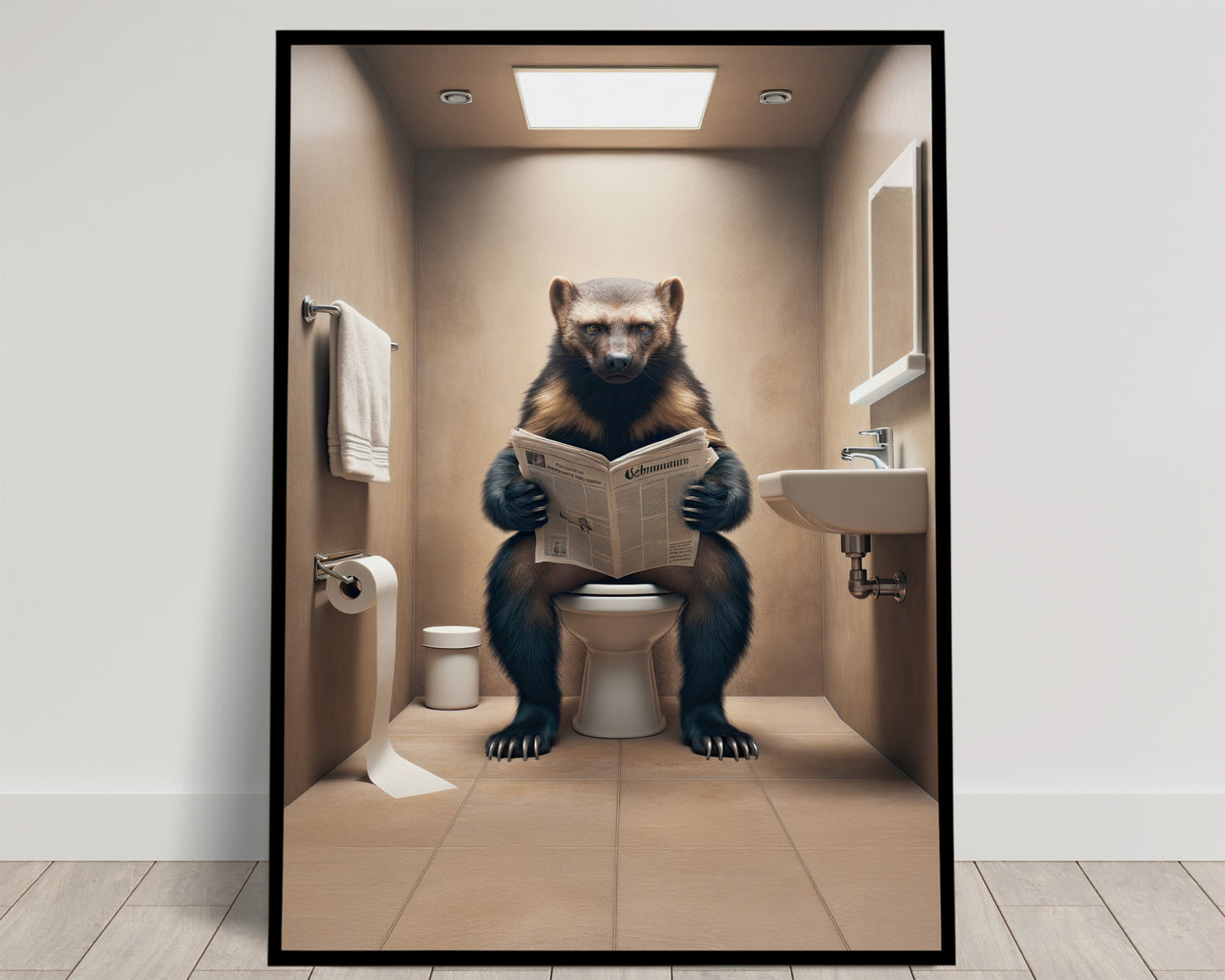 Poster Humour : Glouton lisant le journal sur WC, Décoration Salle de Bain, Cadre Déco Toilette, Idée Cadeau Originale