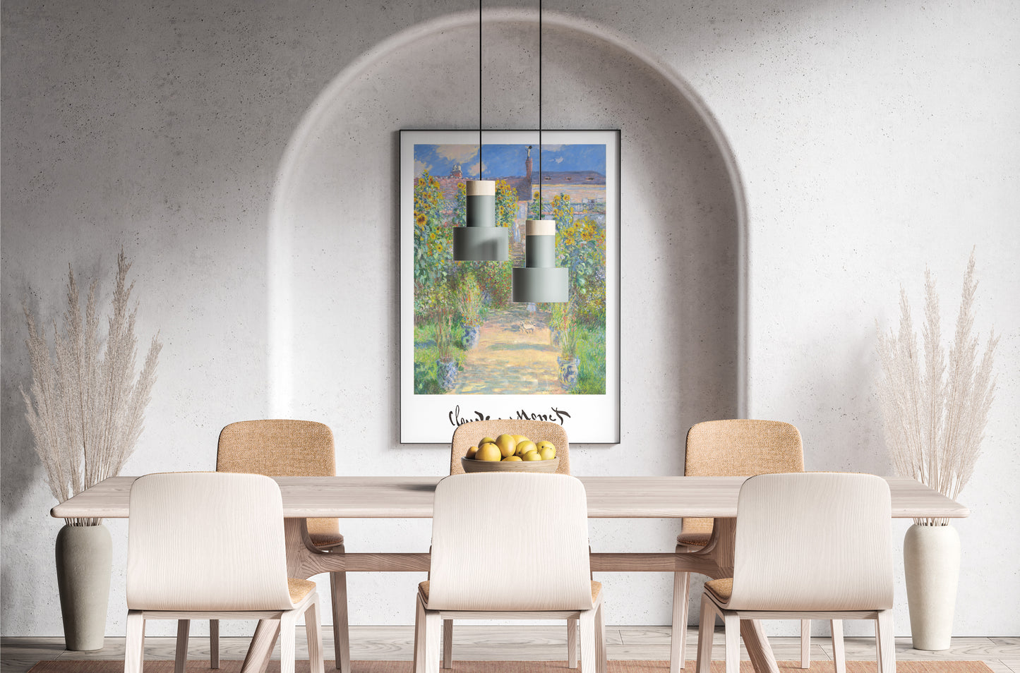 Monet poster in an arched alcove above a dining table with light chairs