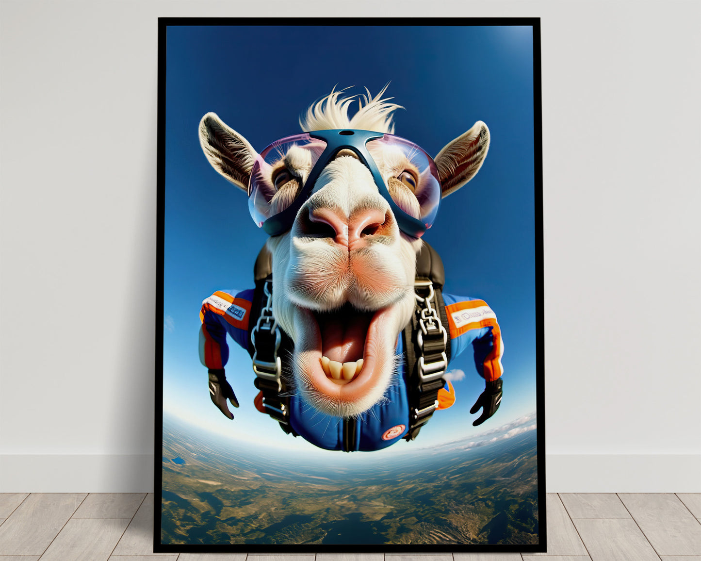 Laughing white goat in freefall with goggles and a blue and orange jumpsuit, Balthazart Studio poster