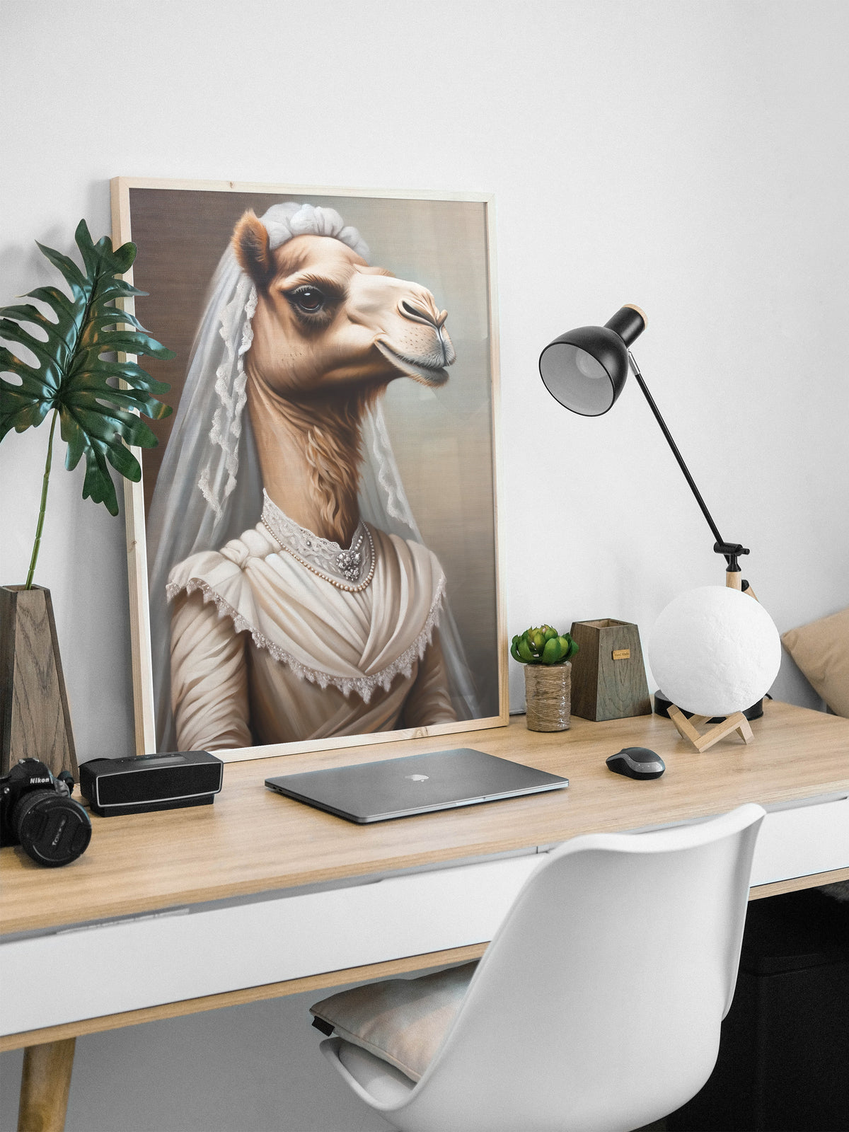 Camel bride poster in a natural wood frame on a desk with a black lamp and white chair