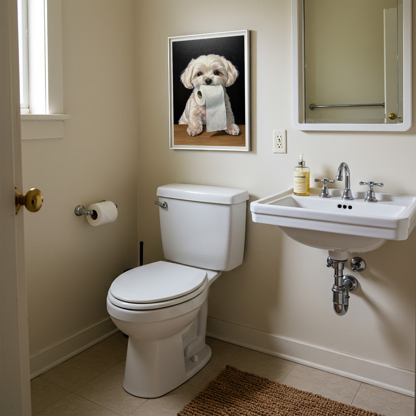 Maltese toilet paper poster in a white frame by the mirror in a beige restroom with sink