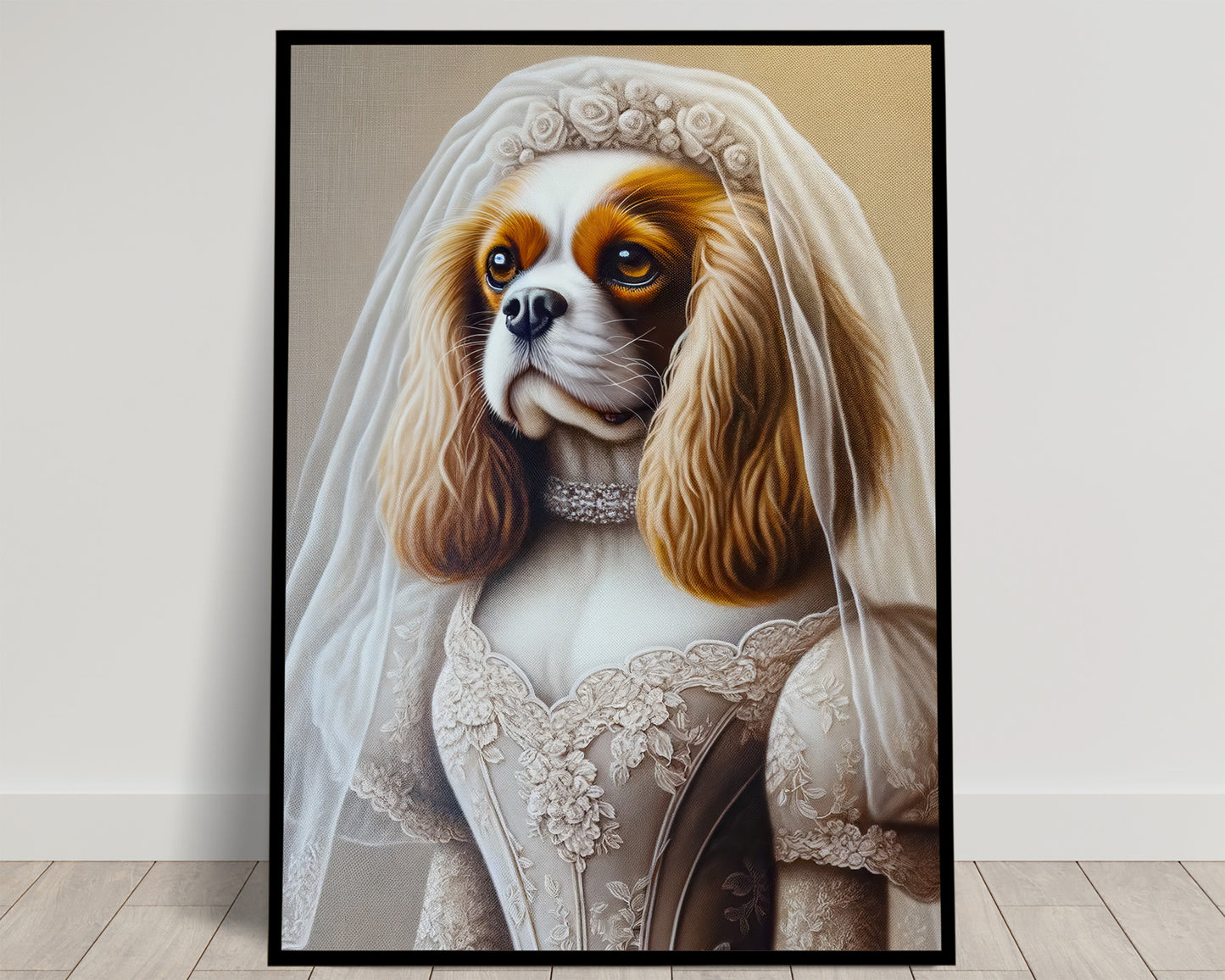 Portrait d'un Cavalier King Charles en robe de mariée en dentelle, voile, diadème et collier de perles
