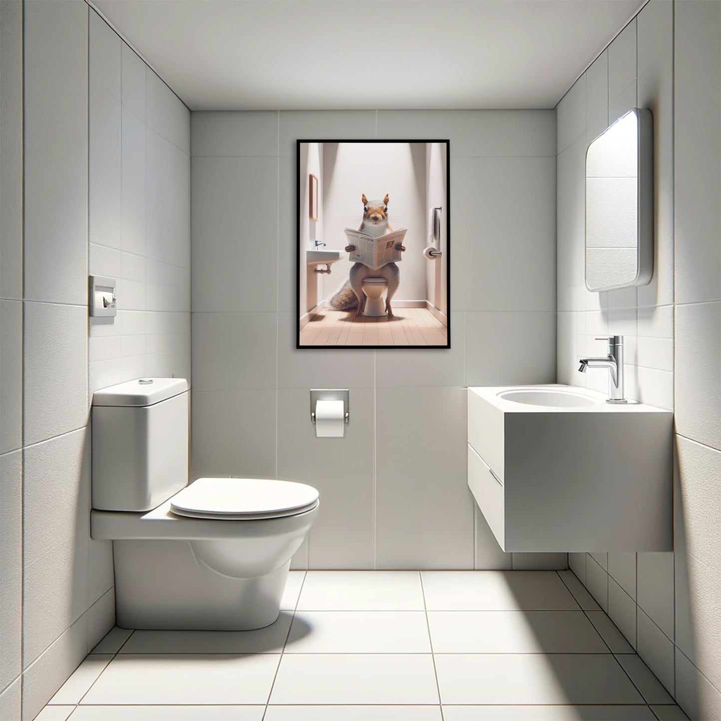 Poster écureuil lisant le journal en cadre noir au-dessus d'un WC suspendu, toilettes carrelées gris clair