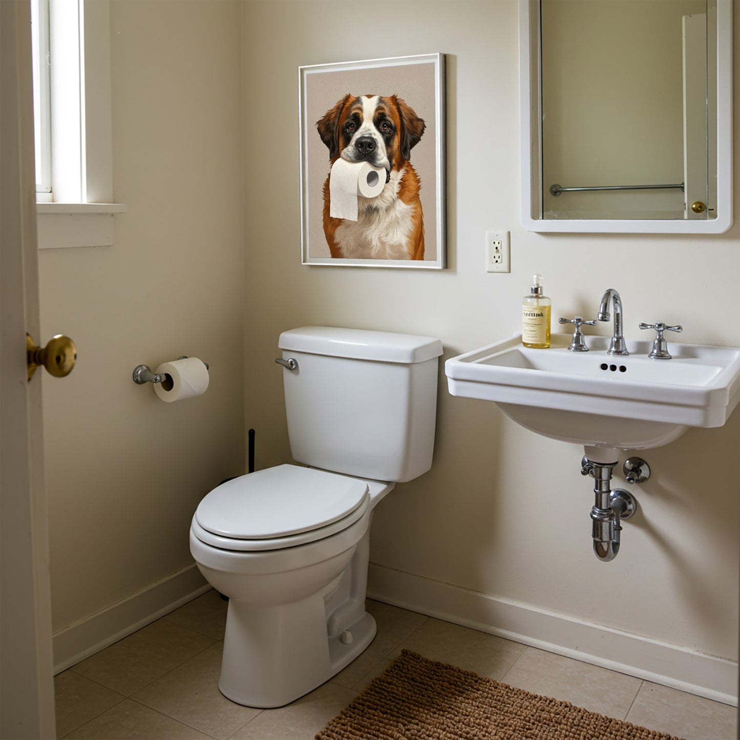 Poster chien Saint-Bernard drôle pour toilettes – Idée cadeau WC, décoration murale, affiche encadrée, art mural humoristique