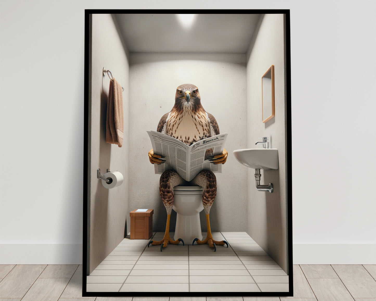 Poster Humour Faucon Lisant Journal, Décoration WC Amusante, Cadre Salle de Bain, Idée Cadeau Originale, Décor Toilettes
