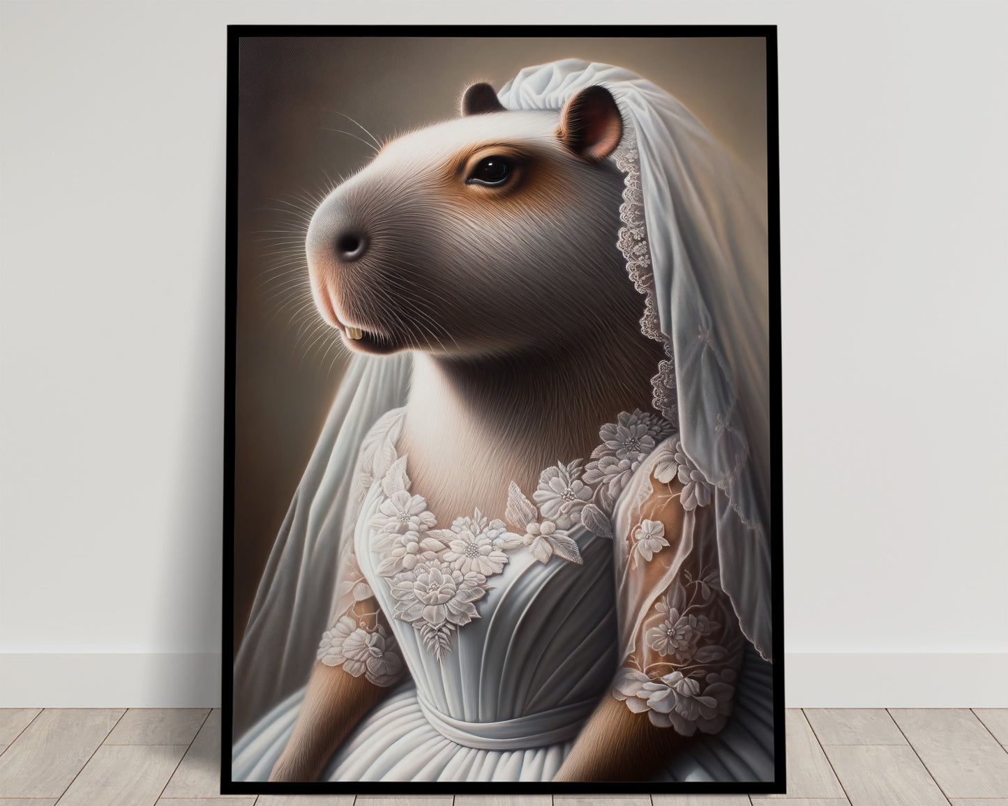 Capybara mariée en robe blanche de dentelle fleurie et long voile, fond brun sombre, poster Balthazart Studio