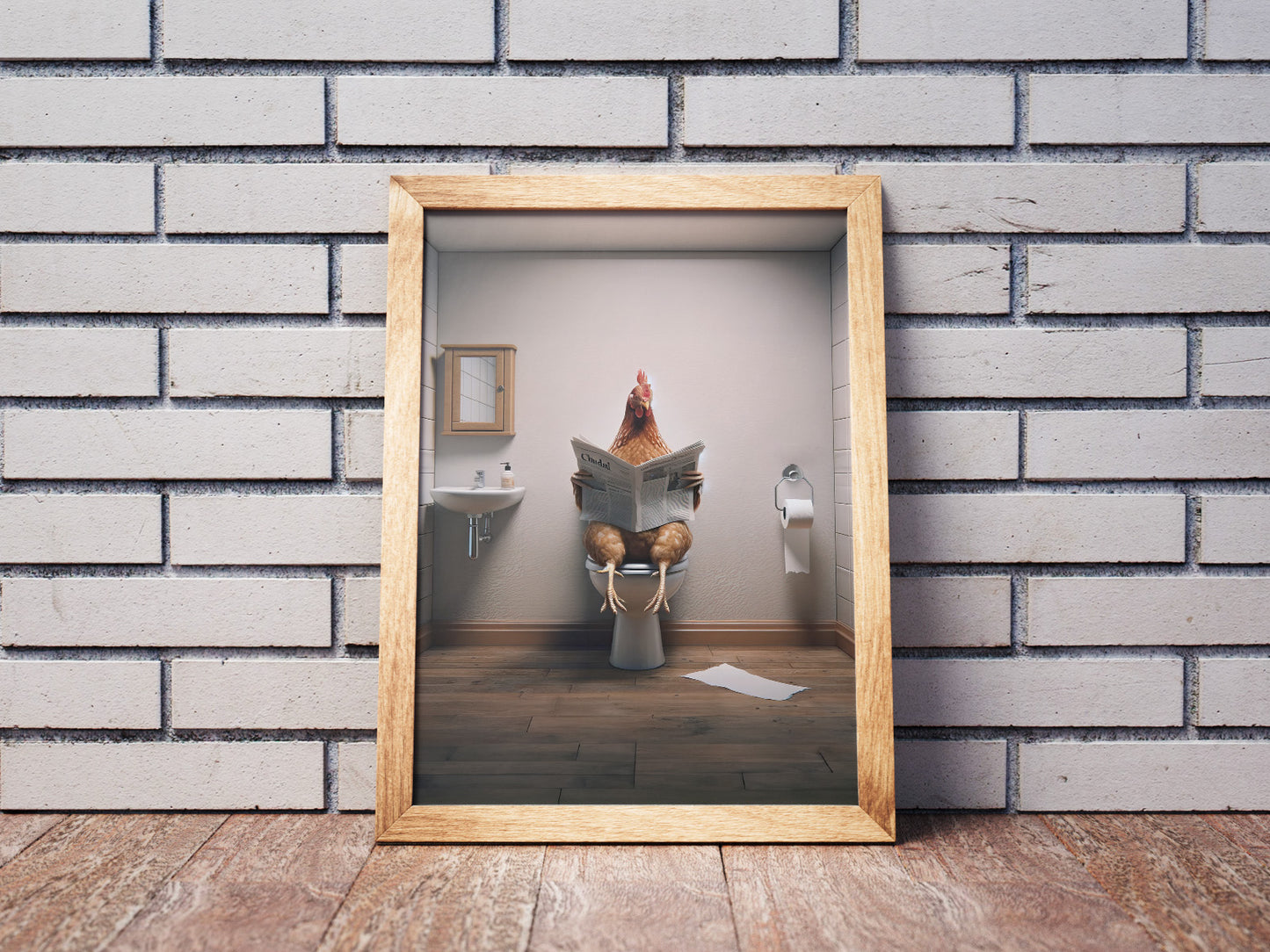 Poster poulet lisant le journal en cadre bois clair posé au sol devant un mur de briques blanches