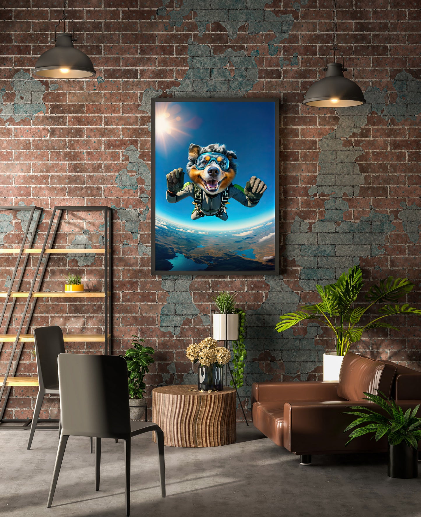 Affiche Berger Australien en parachute, cadre noir sur mur de briques apparentes, salon industriel et canapé en cuir