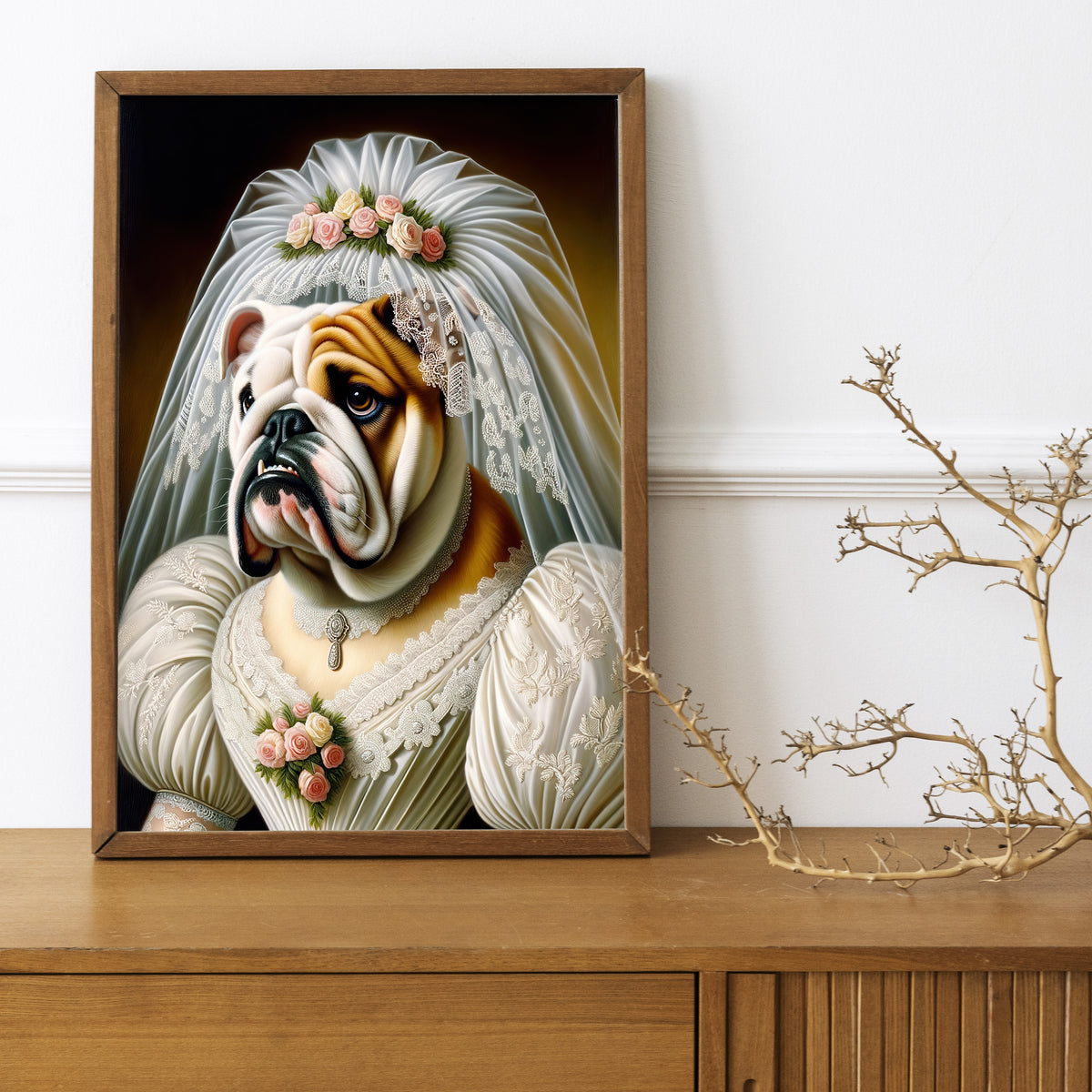 English Bulldog in wedding dress poster in a dark wood frame on a wooden sideboard with a decorative branch