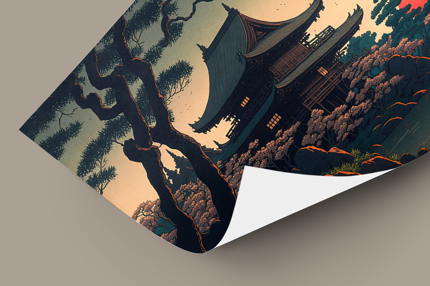 Japanese Temple Wall Poster, Art Style Illustration, Lake Landscape Decor, Frameable Wall Art