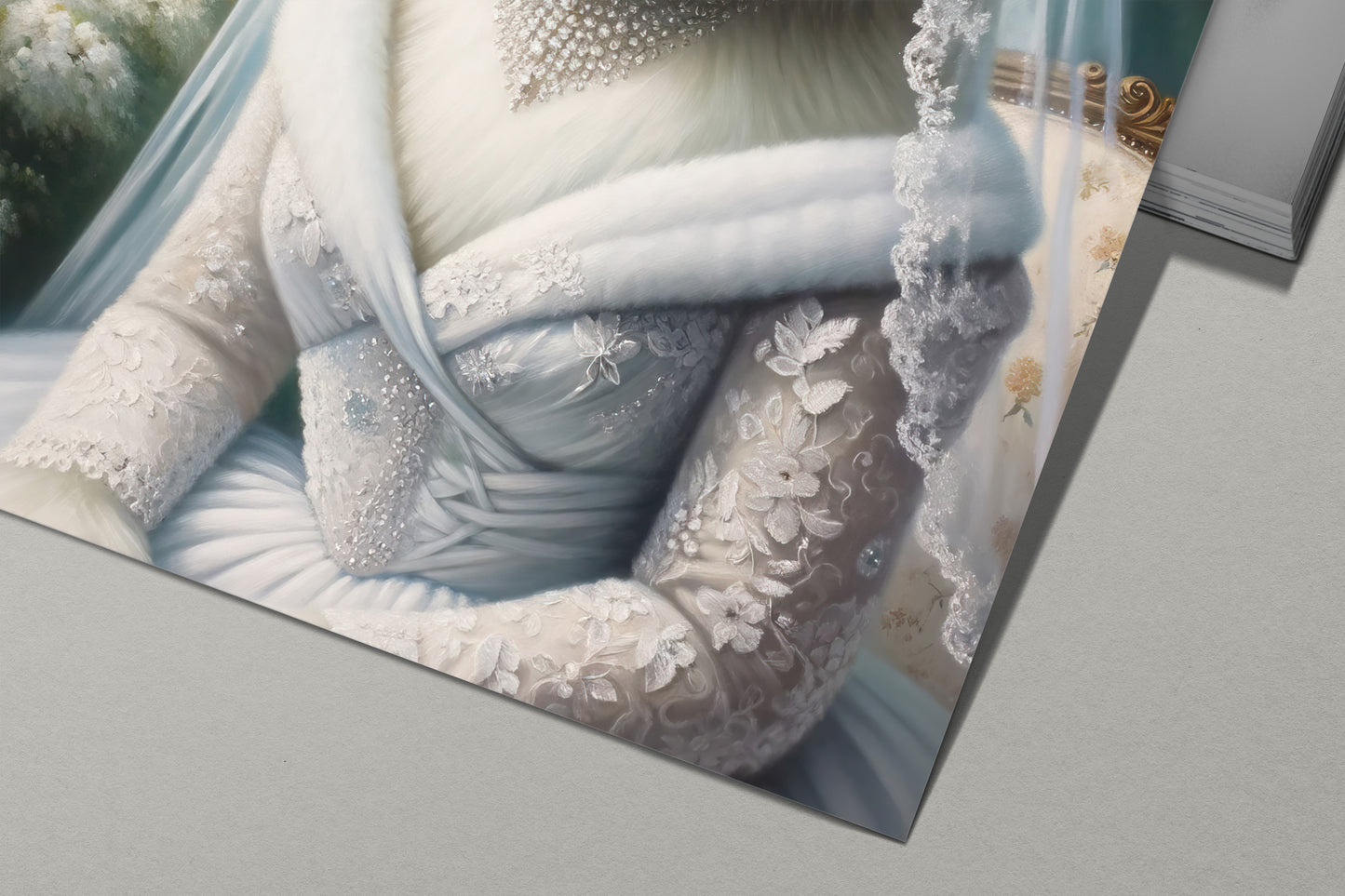 Detail of the polar bear in wedding dress poster: lace sleeves and white fur collar