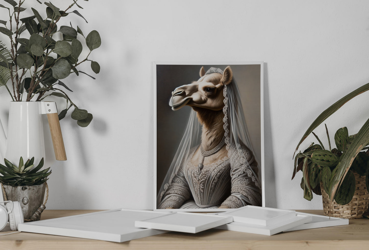 Camel bride poster leaning on a console between eucalyptus and a potted plant