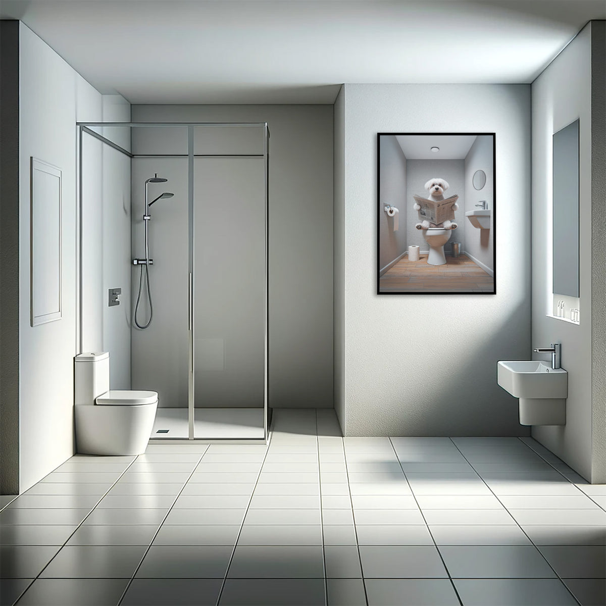 Poster Bichon Maltais lisant le journal en cadre noir dans une salle de bain moderne avec douche à l'italienne