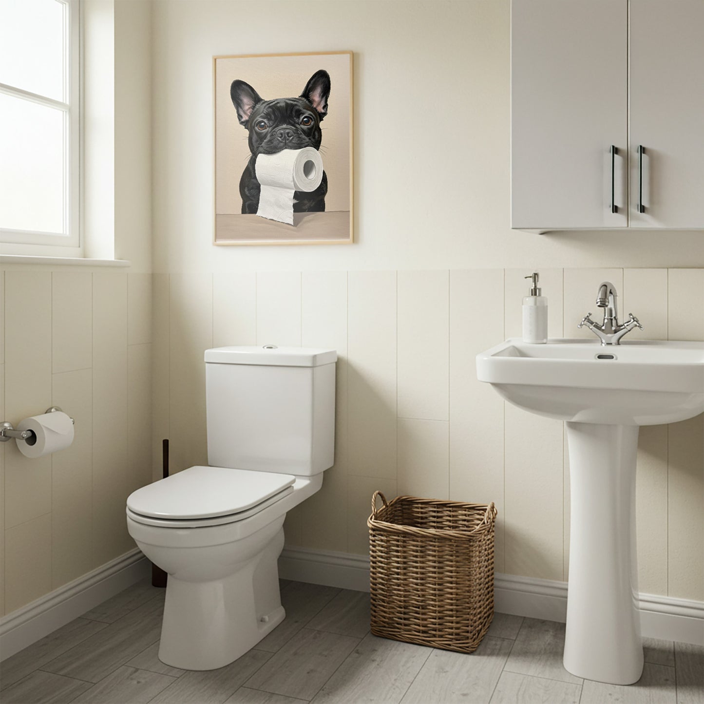 Poster drôle Bouledogue Français noir pour toilettes - Décoration murale WC, cadeau original, affiche encadrée mur déco
