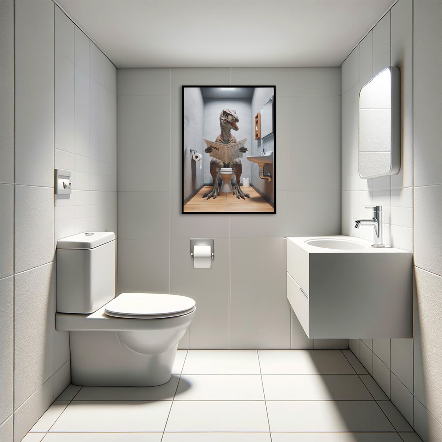 Poster Velociraptor Journal Toilettes, Déco Humour WC, Cadre déco Salle de bain, Affiche Fun Cadeau