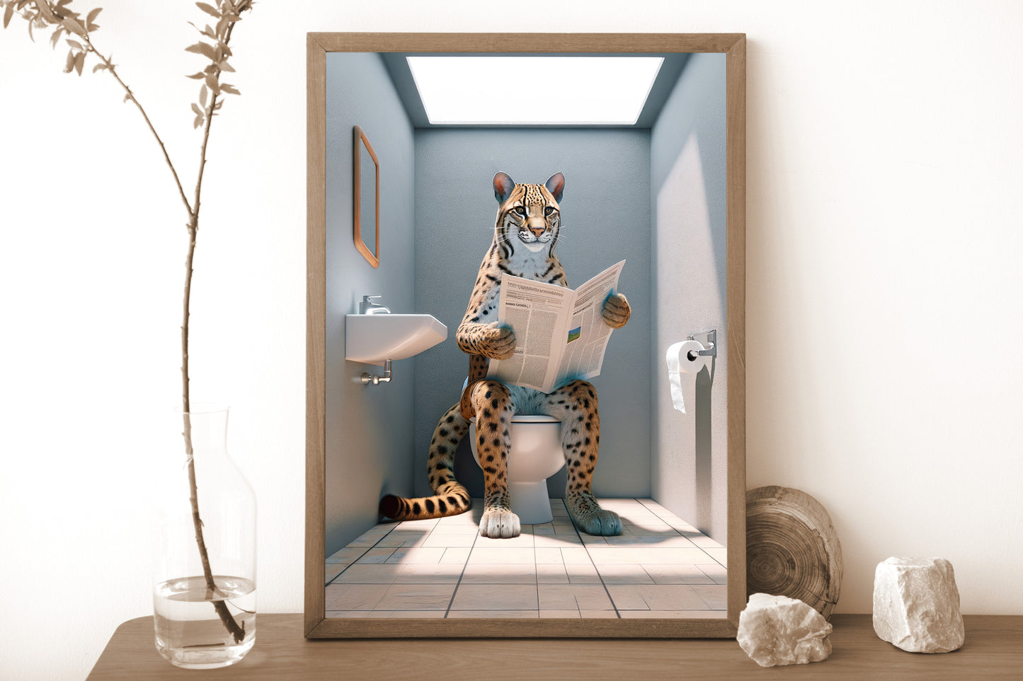 Ocelot on the toilet poster in a wood frame on a shelf beside a vase with a dried branch