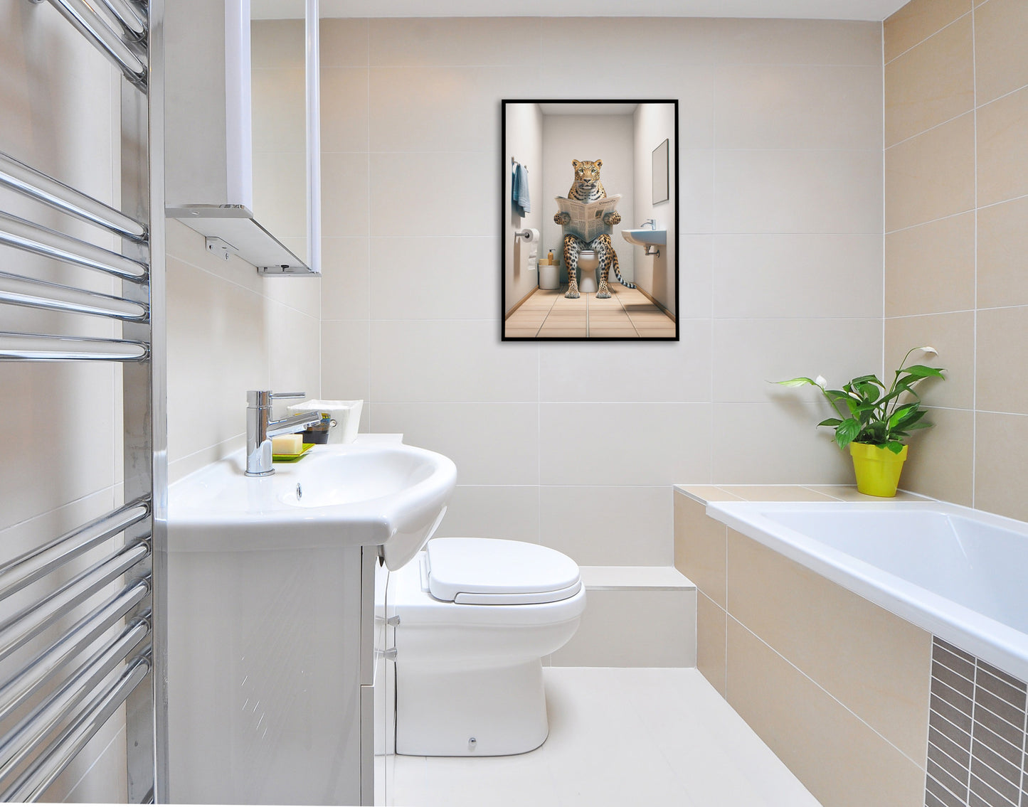 Poster humour léopard lisant le journal, cadre noir au-dessus des toilettes, salle de bain avec baignoire