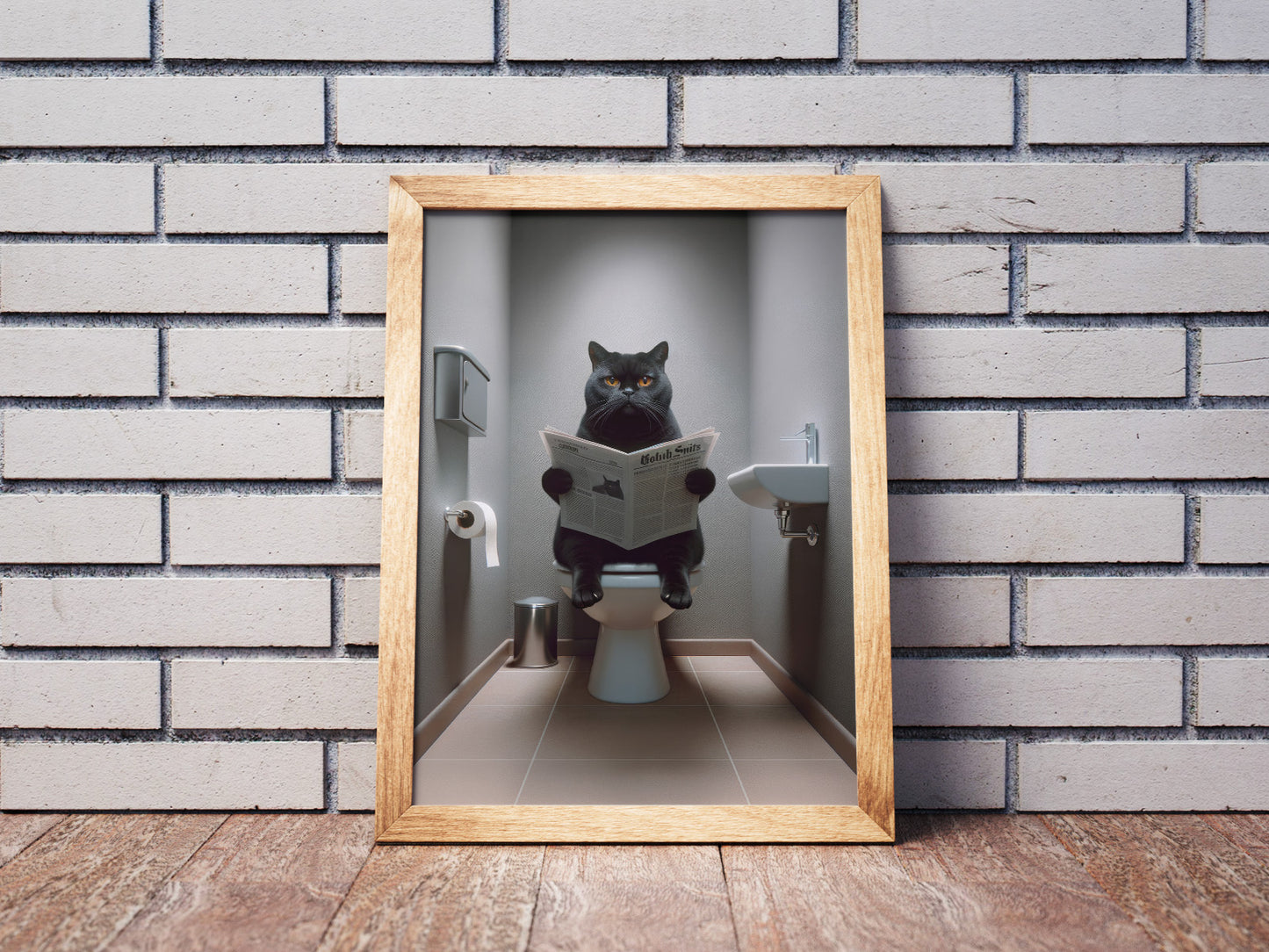 Affiche chat British Shorthair noir en cadre bois clair devant un mur en briques peintes en blanc