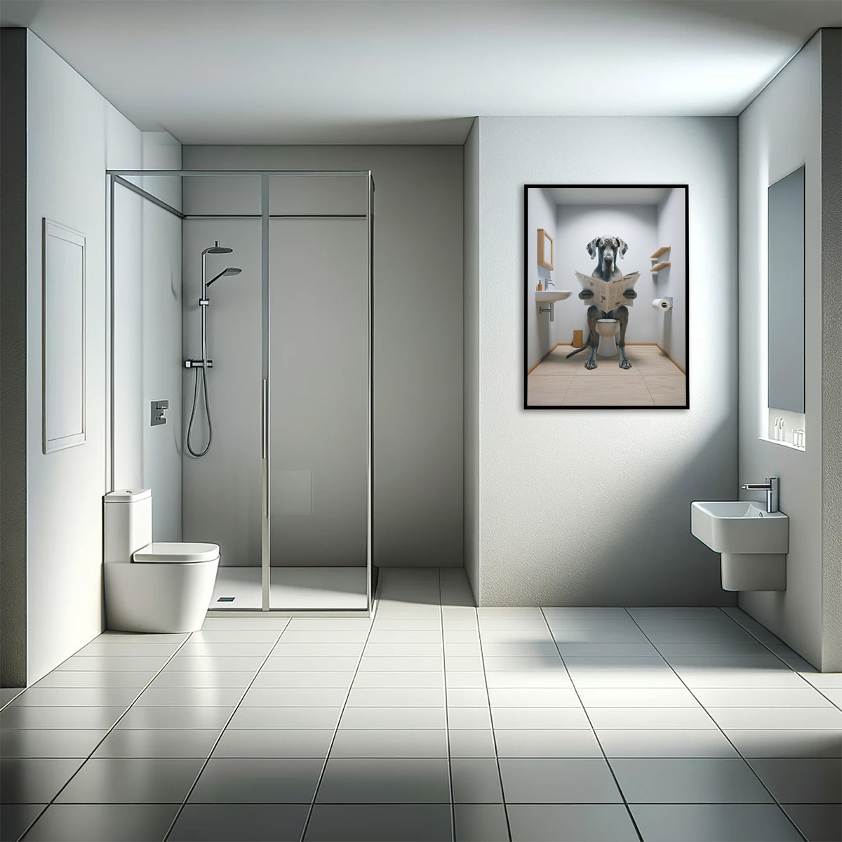 Poster dogue allemand lisant le journal en cadre noir dans une salle de bain avec douche à l'italienne