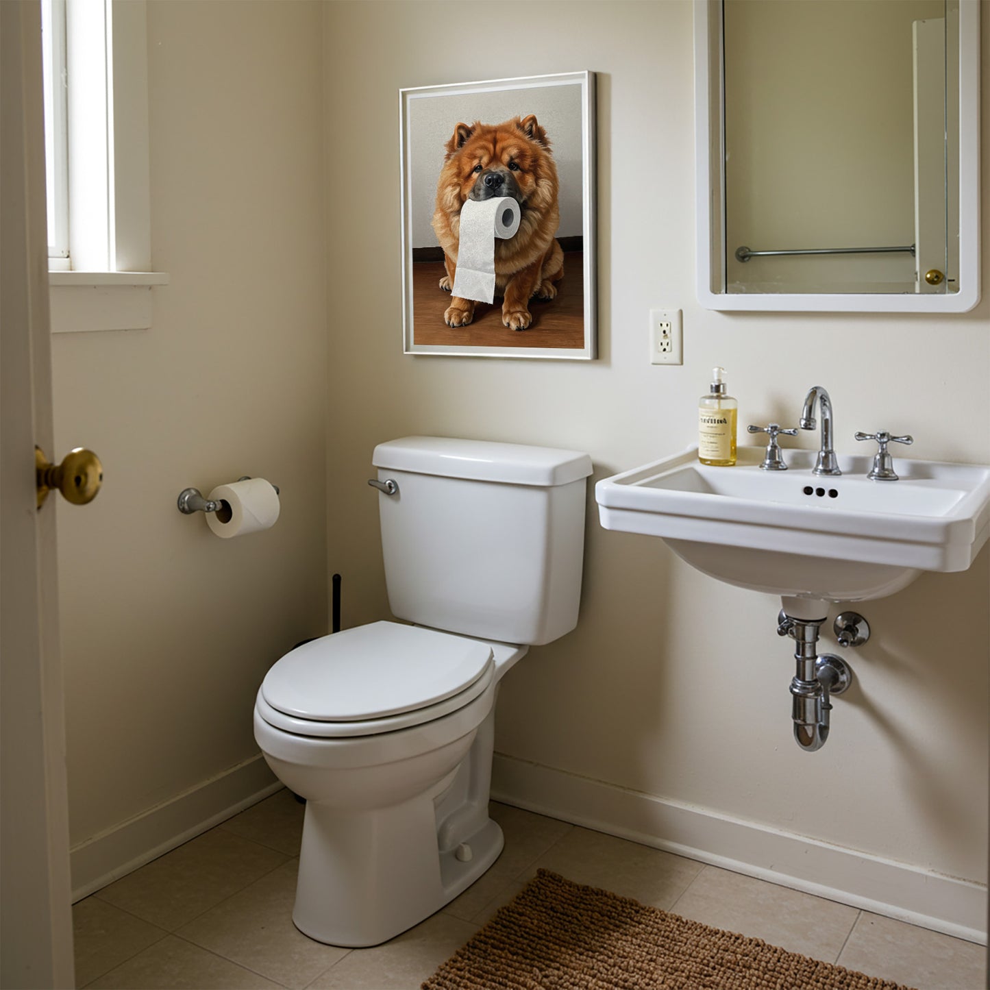 Poster Chow-Chow tenant un rouleau de papier toilette, encadré au-dessus des WC près du lavabo