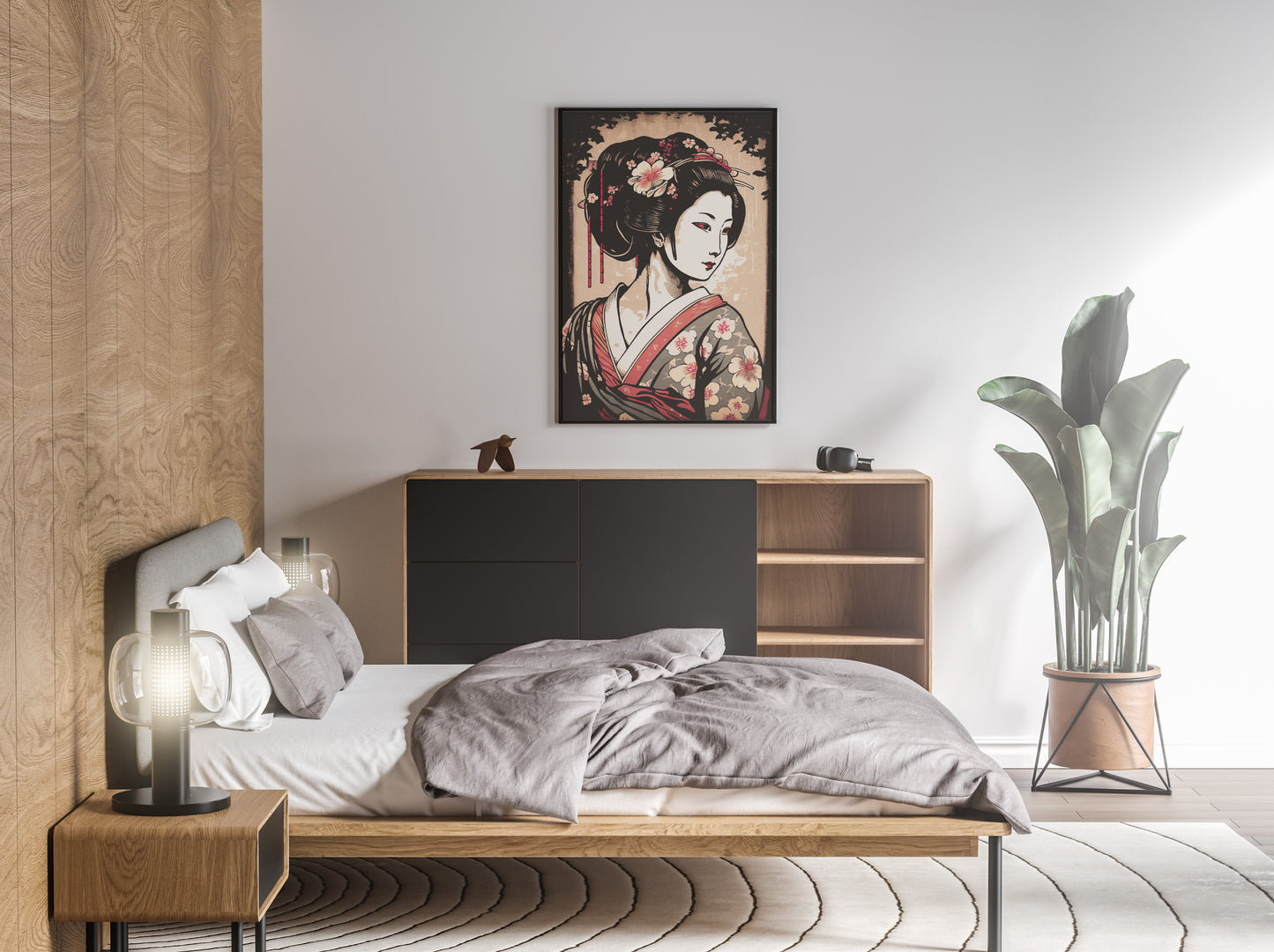 Poster geisha au-dessus d'un lit aux draps gris, chambre claire avec plante