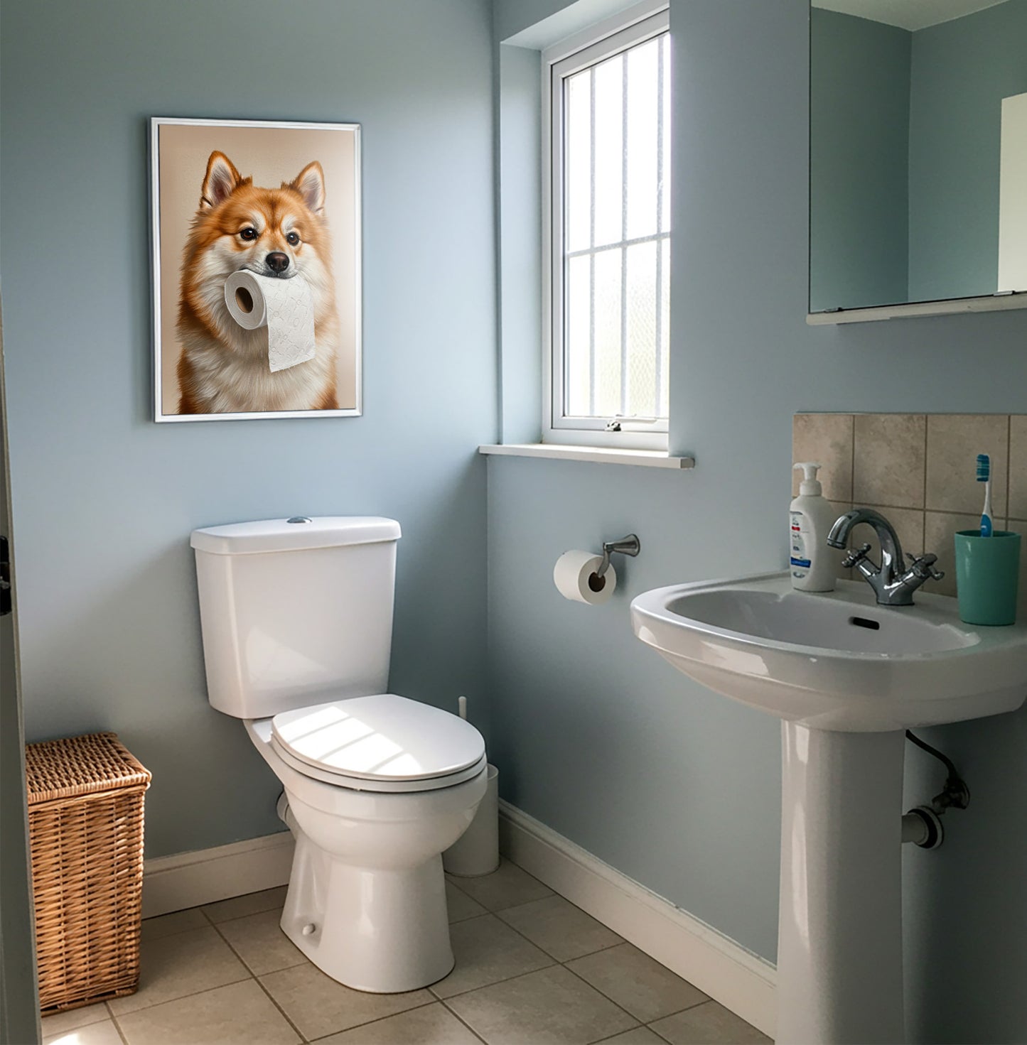 Mur bleu clair des toilettes avec le poster spitz nain au papier toilette en cadre blanc et un panier en osier