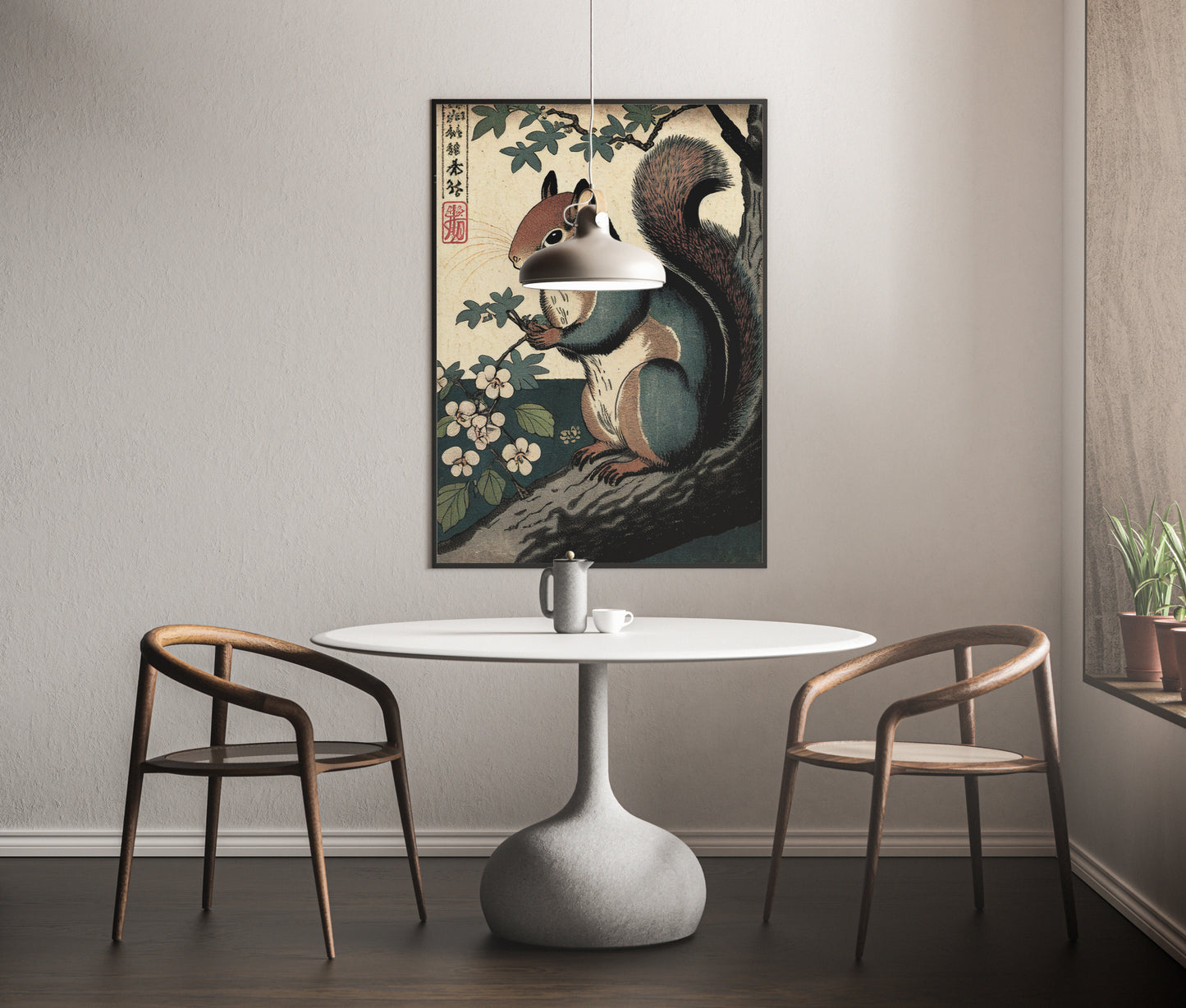 Poster écureuil ukiyo-e au-dessus d'une table ronde blanche et de deux chaises en bois, suspension