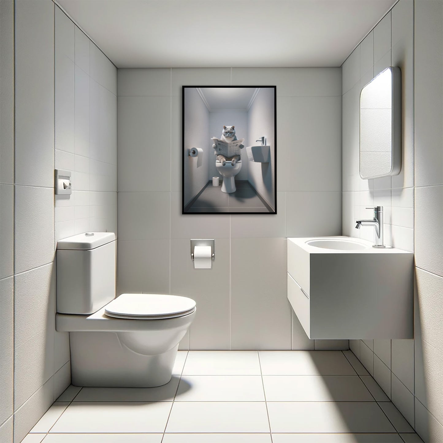 Affiche Humoristique Chat British Shorthair Bleu & Blanc aux Toilettes, Décoration Murale WC & Salle de Bain, Idée Cadeau Fun