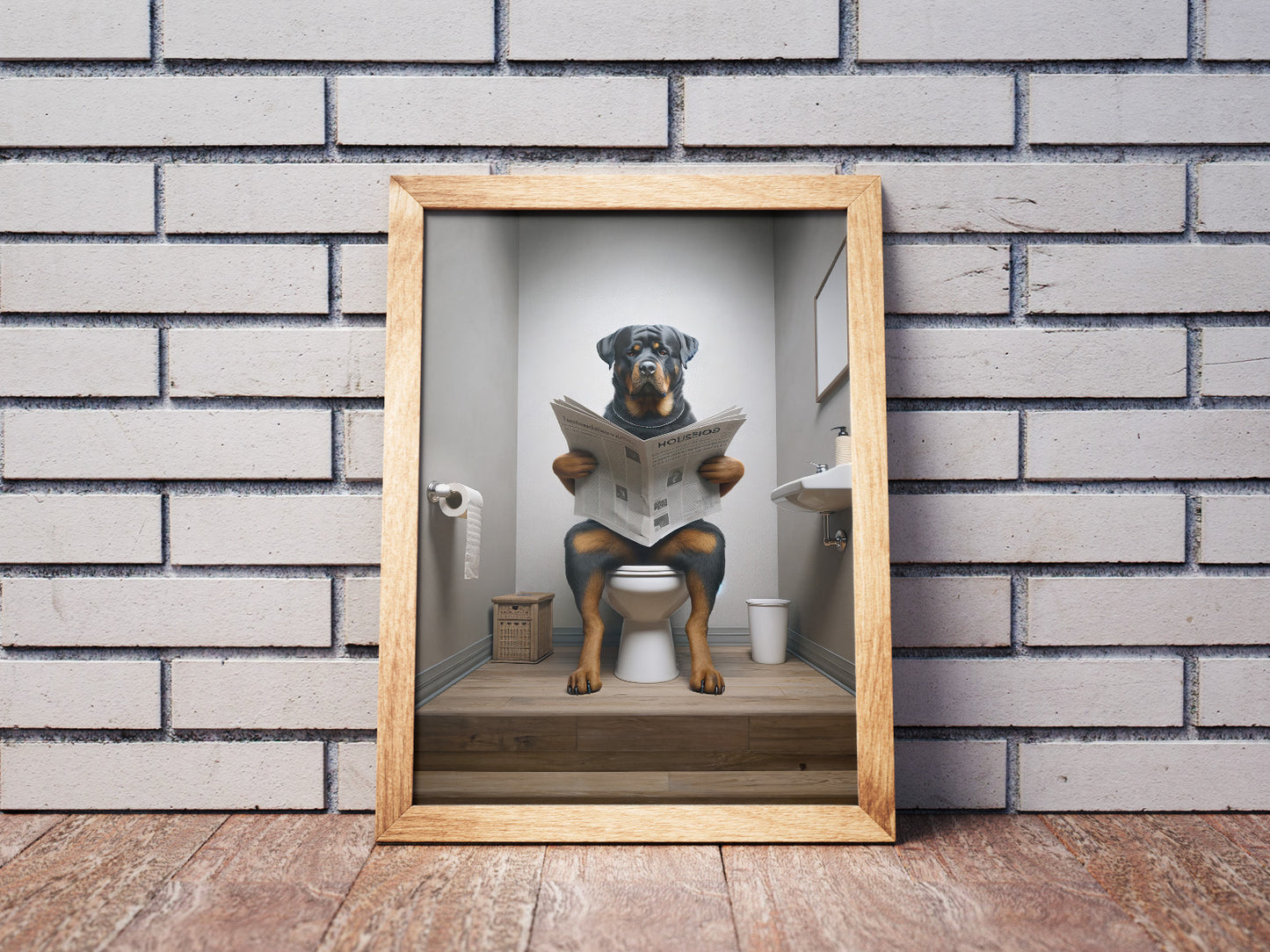 Poster d'un Rottweiler lisant le journal, Décoration Humour WC, Cadre Salle de bain, Poster Toilettes, Cadeau Drôle