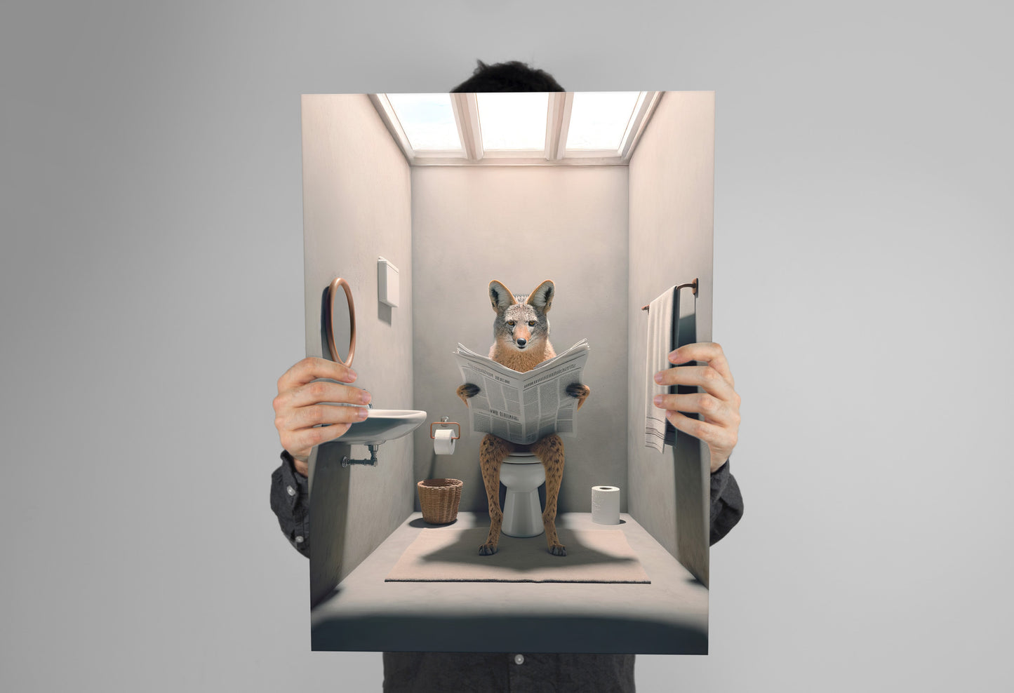 Bathroom humor jackal reading the newspaper poster held up with both hands