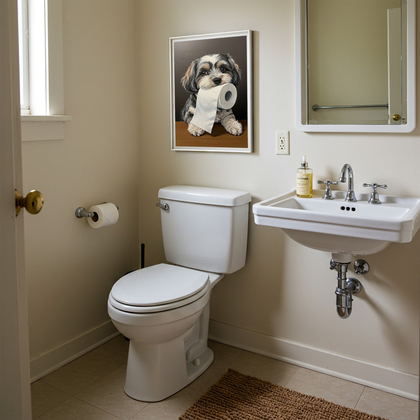 Poster bichon havanais au papier toilette en cadre blanc près du miroir, toilettes beiges avec lavabo