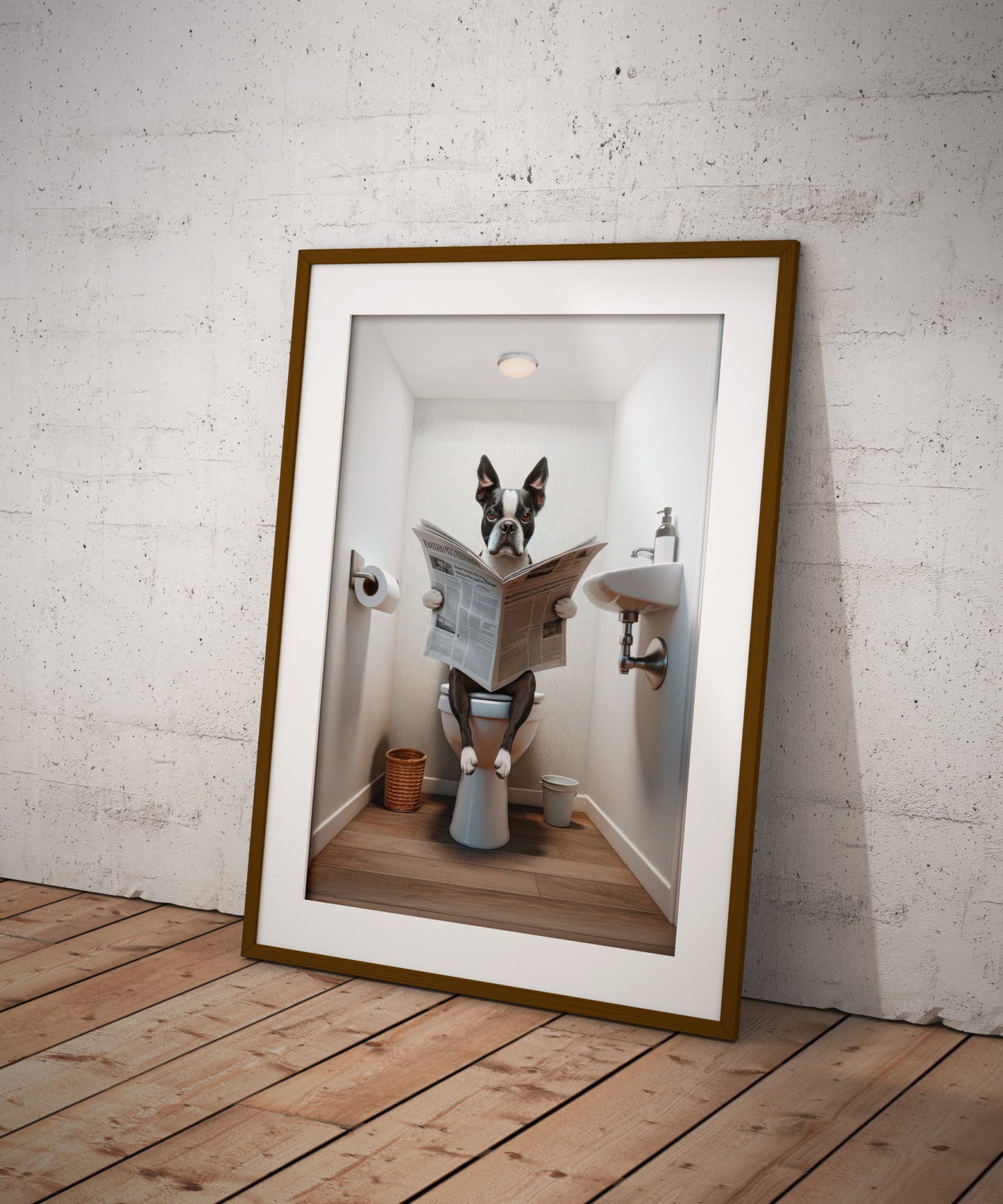 Poster Humoristique Boston Terrier, Déco WC, Cadre Salle de Bain, Art Mural, Cadeau Original Toilettes