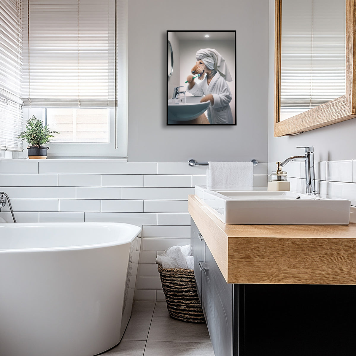 Poster Airedale Terrier en peignoir, cadre noir au-dessus d'une baignoire îlot, carrelage métro blanc