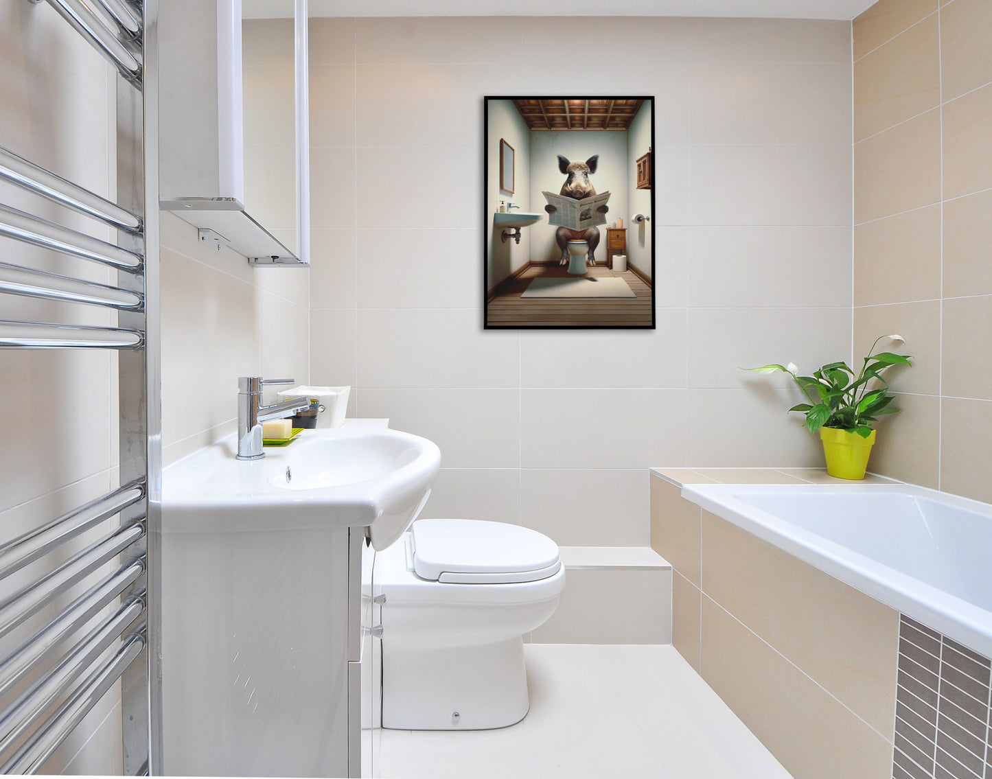 Funny wild boar reading the newspaper poster, black frame above the toilet in a bathroom with a tub