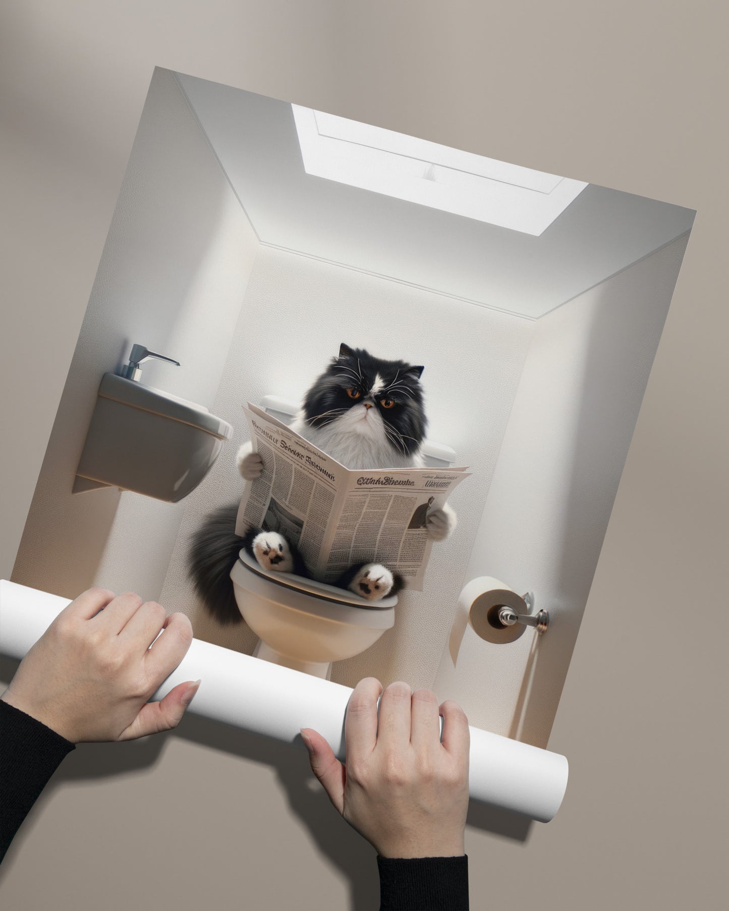 Affiche Humour : Chat Persan Noir et Blanc lisant aux Toilettes - Déco WC & Salle de Bain, Cadeau Rigolo pour Amateurs de Chats