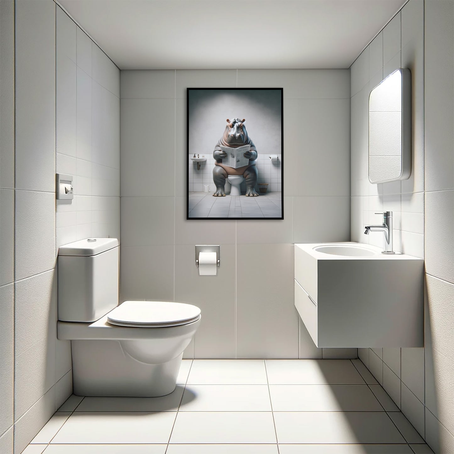 Poster Humour : Hippopotame Lisant aux Toilettes - Décoration WC Amusante - Cadre Déco Salle de Bain - Cadeau Original