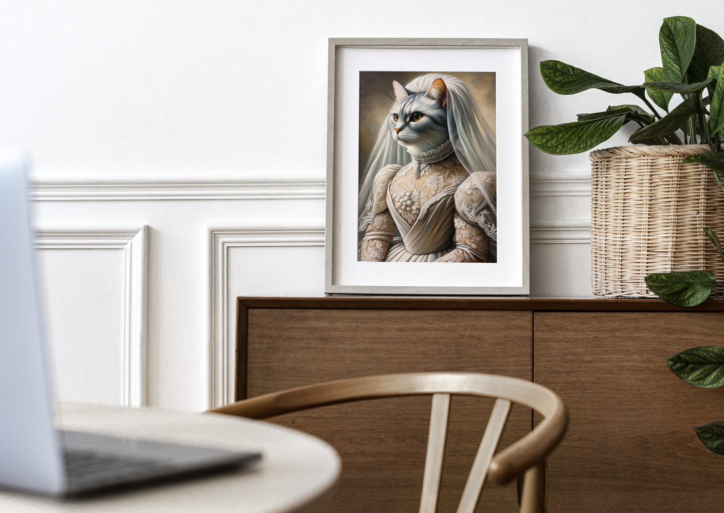Cat bride poster in a natural wood frame with mat on a wooden sideboard near a plant