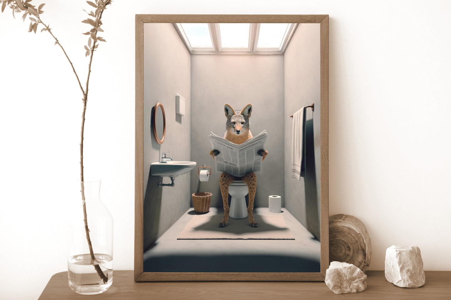 Dark wood framed jackal reading the newspaper poster on a shelf, dried branch and pebbles decor