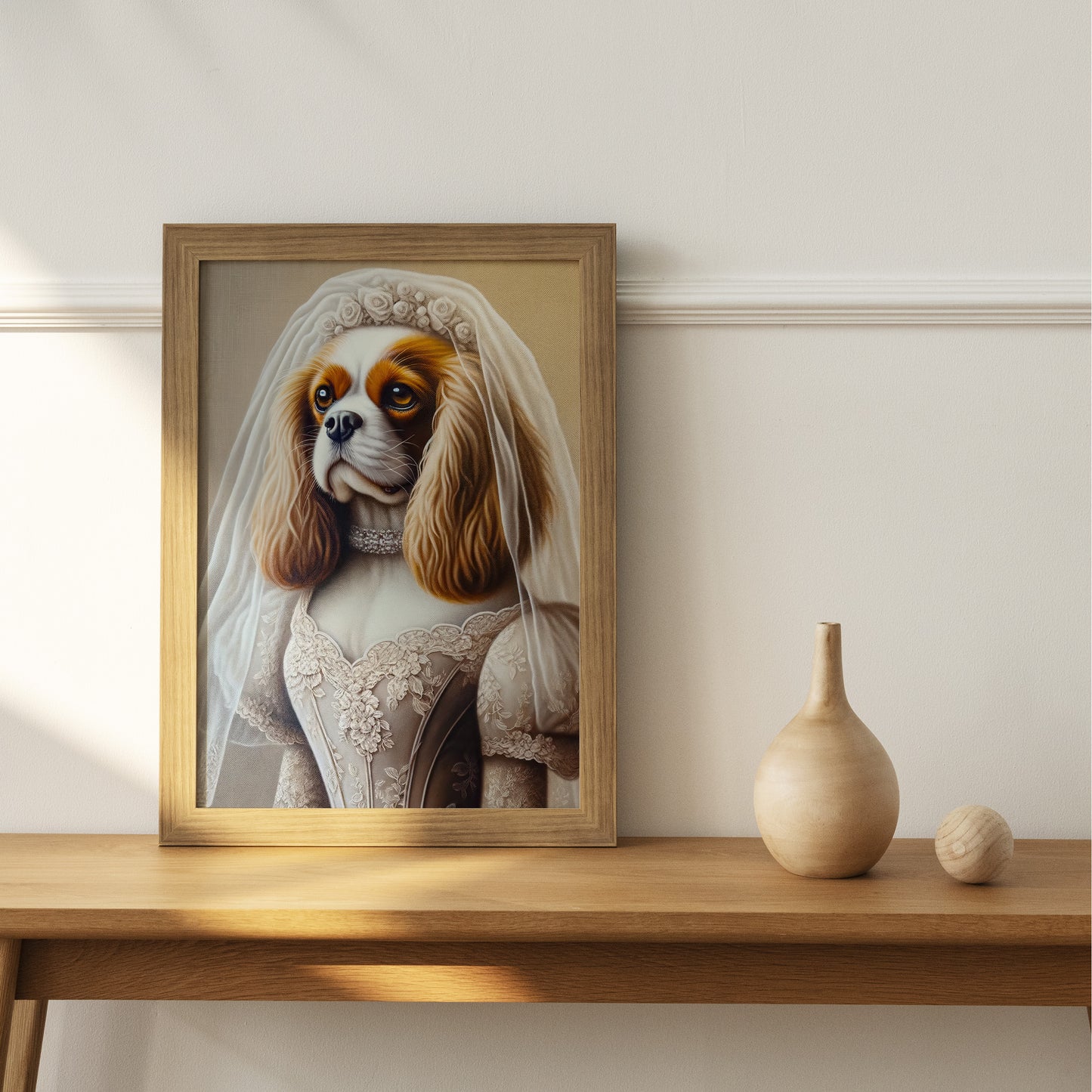 Poster Cavalier King Charles en Robe de Mariée, Décoration Murale Animaux, Affiche Chien Mariage, Humour et Art Canin