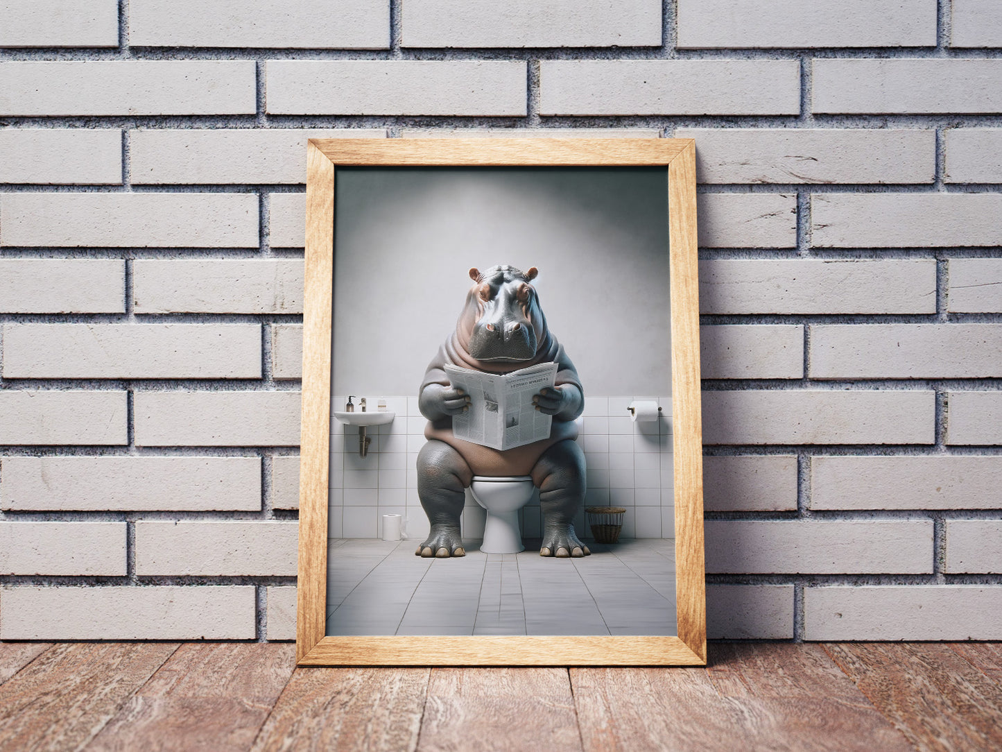 Poster Humour : Hippopotame Lisant aux Toilettes - Décoration WC Amusante - Cadre Déco Salle de Bain - Cadeau Original