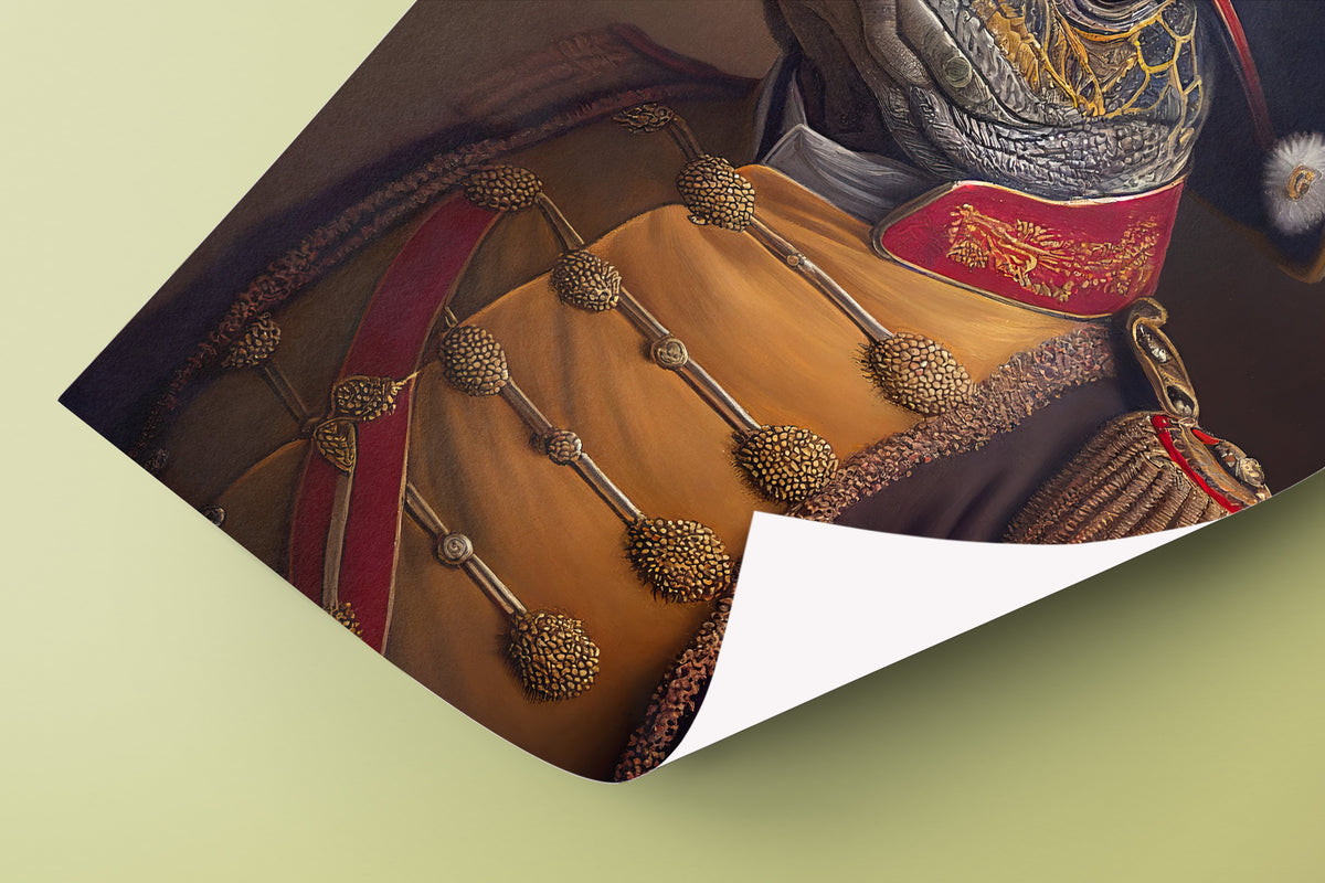 Close-up of the turtle in military uniform poster: gold frogging and embroidered red collar, with a curled corner