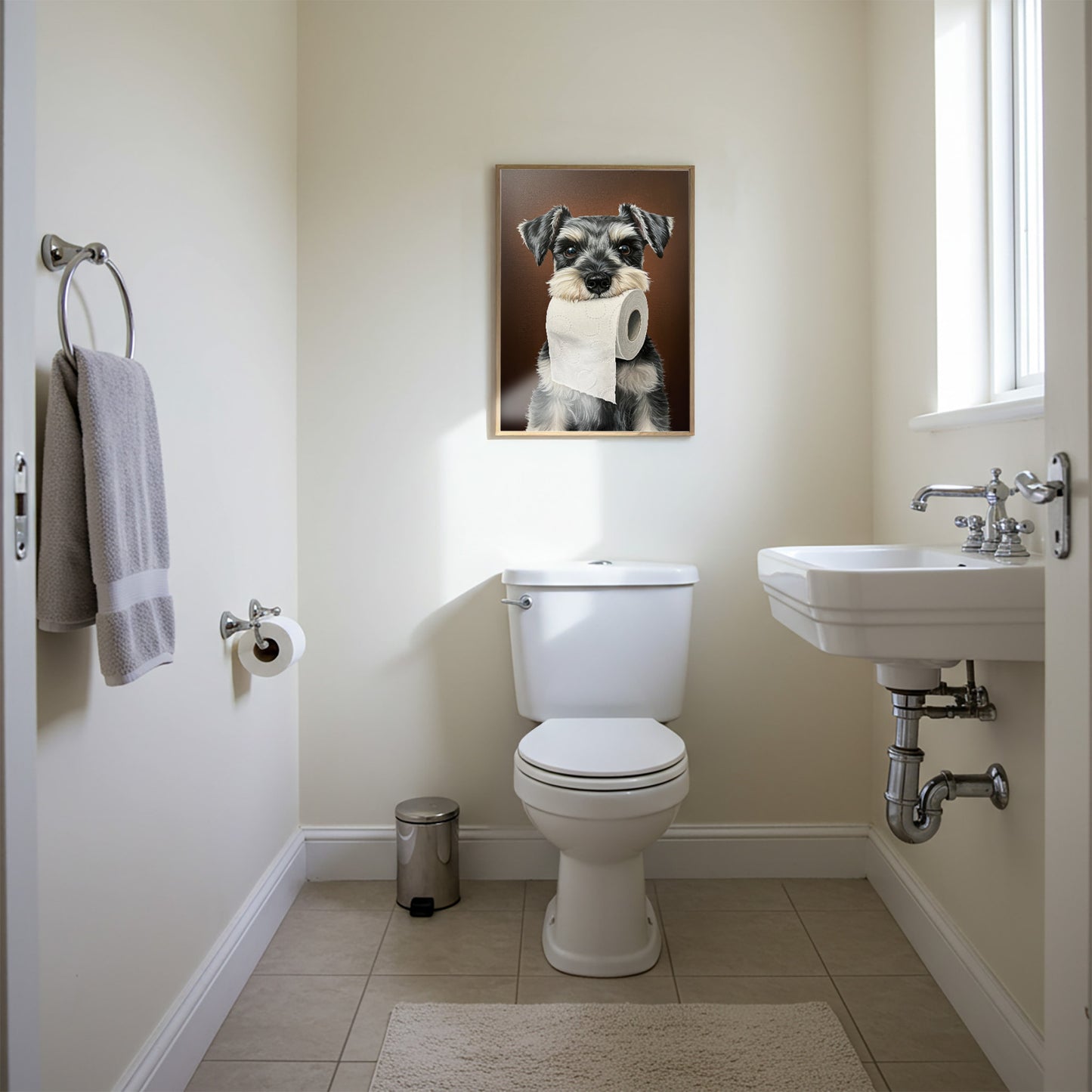 Mini Schnauzer Toilet Humor Poster – Funny Bathroom Wall Art, Dog Lover Gift, Schnauzer Decor, Framed Print for WC
