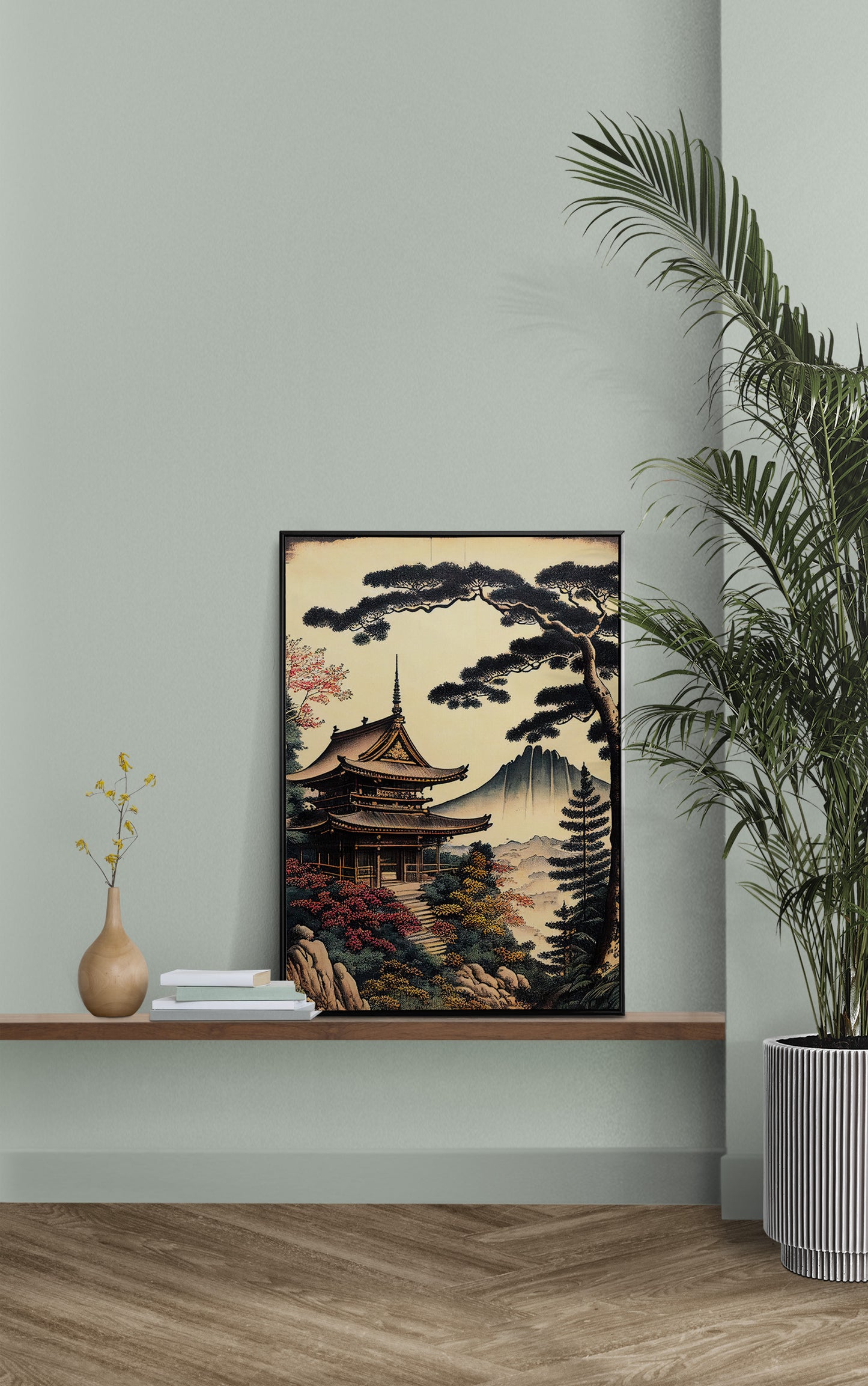 Japanese Temple Wall Poster – Artistic Japanese Style Illustration, Rural Landscape Wall Decor, Frameable Poster