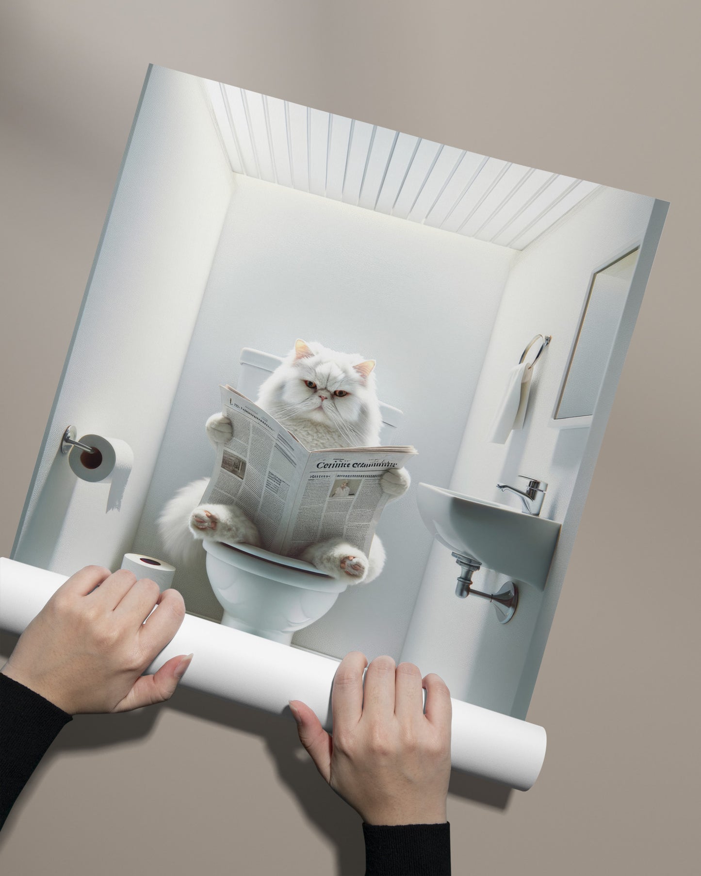 Affiche Murale Chat Persan Blanc aux Toilettes, Décoration Humour Salle de Bain, Poster WC Rigolo, Cadeau Amoureux des Chats