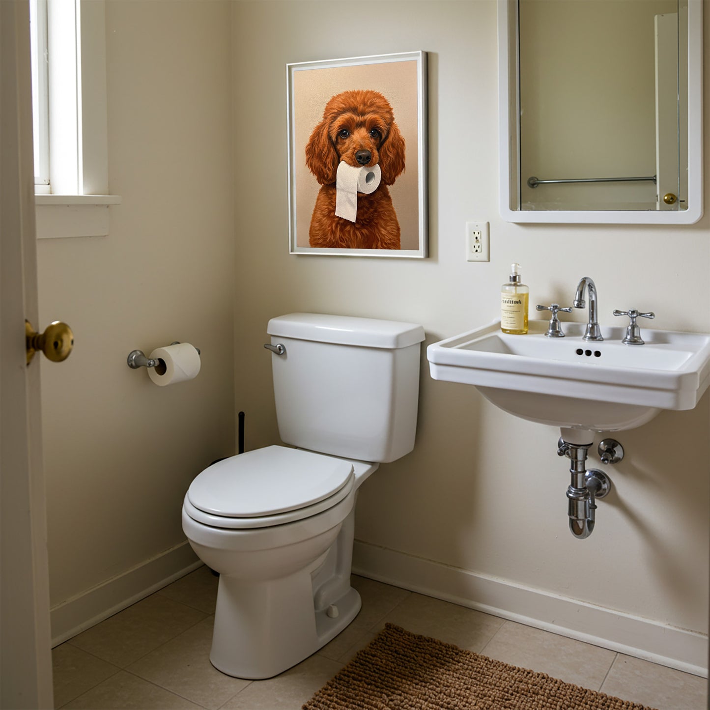 Poster chien caniche marrant pour toilettes – Affiche déco murale WC humoristique, idée cadeau original, encadrée ou non