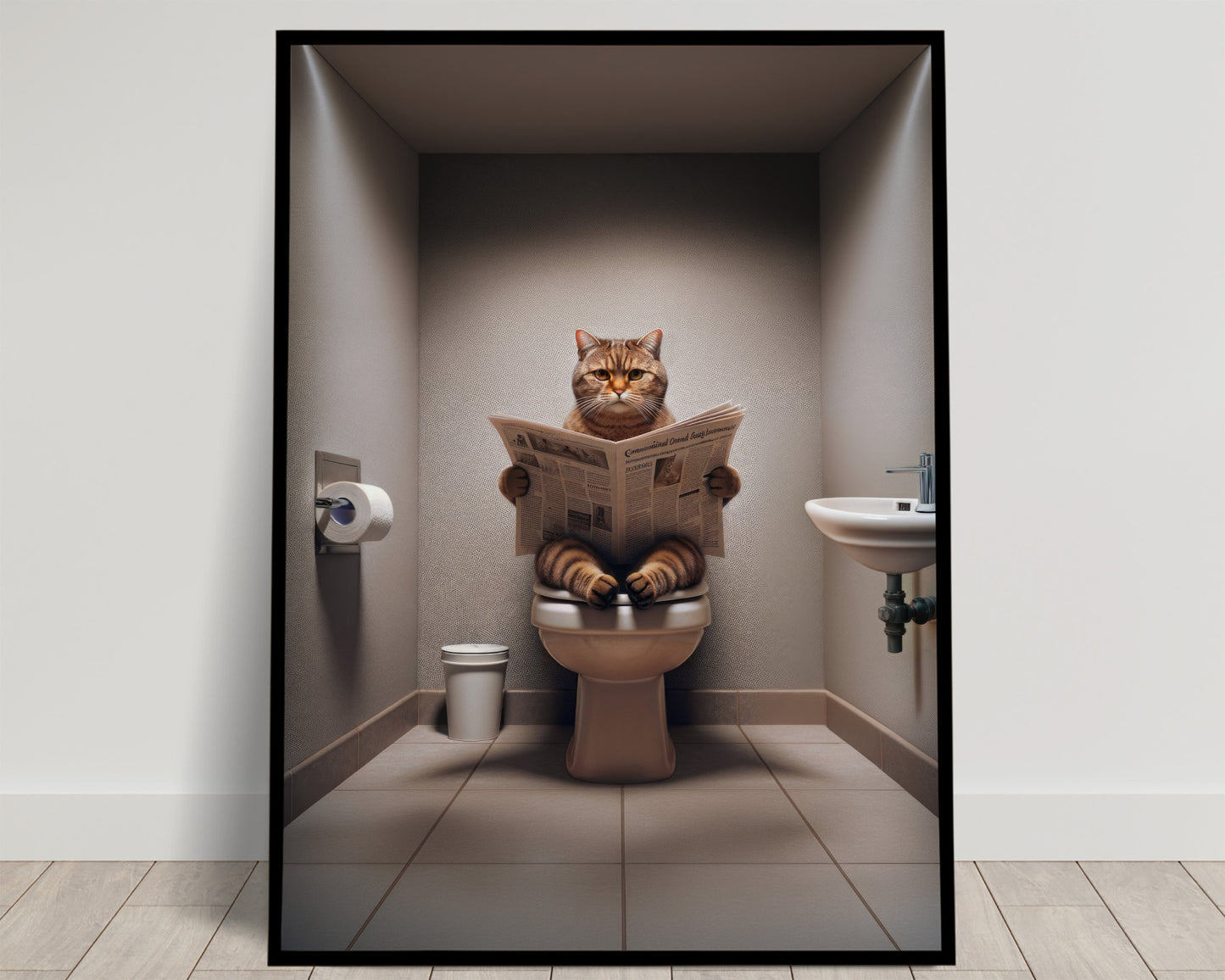 Chat British Shorthair brun tigré lisant le journal sur les toilettes, WC aux tons taupe, cadre noir