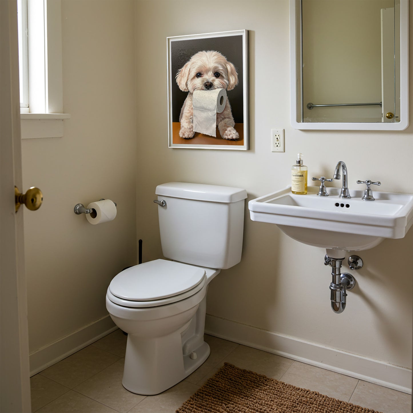 Poster Chien Bichon Frisé Humour Toilette – Décoration Murale WC, Cadeau Original, Affiche Encadrée, Idée Déco Animaux