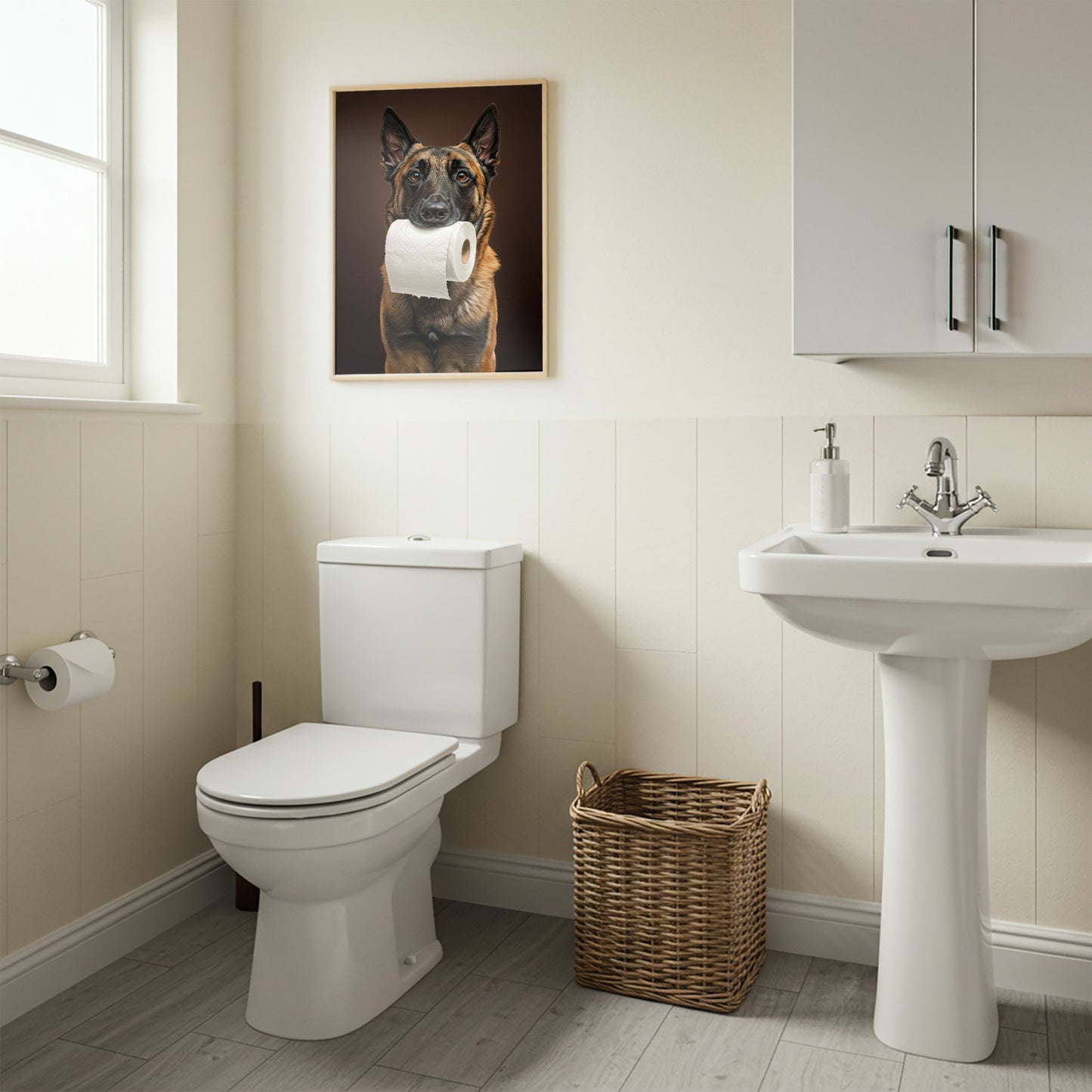 Poster Malinois drôle pour toilettes – Affiche encadrée chien, déco WC originale, idée cadeau humour chien, art mural moderne