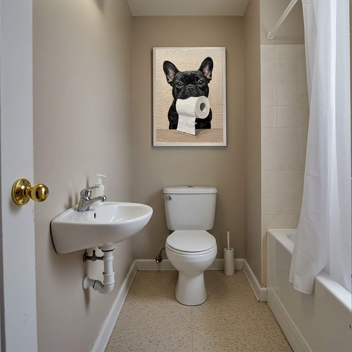 Poster drôle Bouledogue Français noir pour toilettes - Décoration murale WC, cadeau original, affiche encadrée mur déco